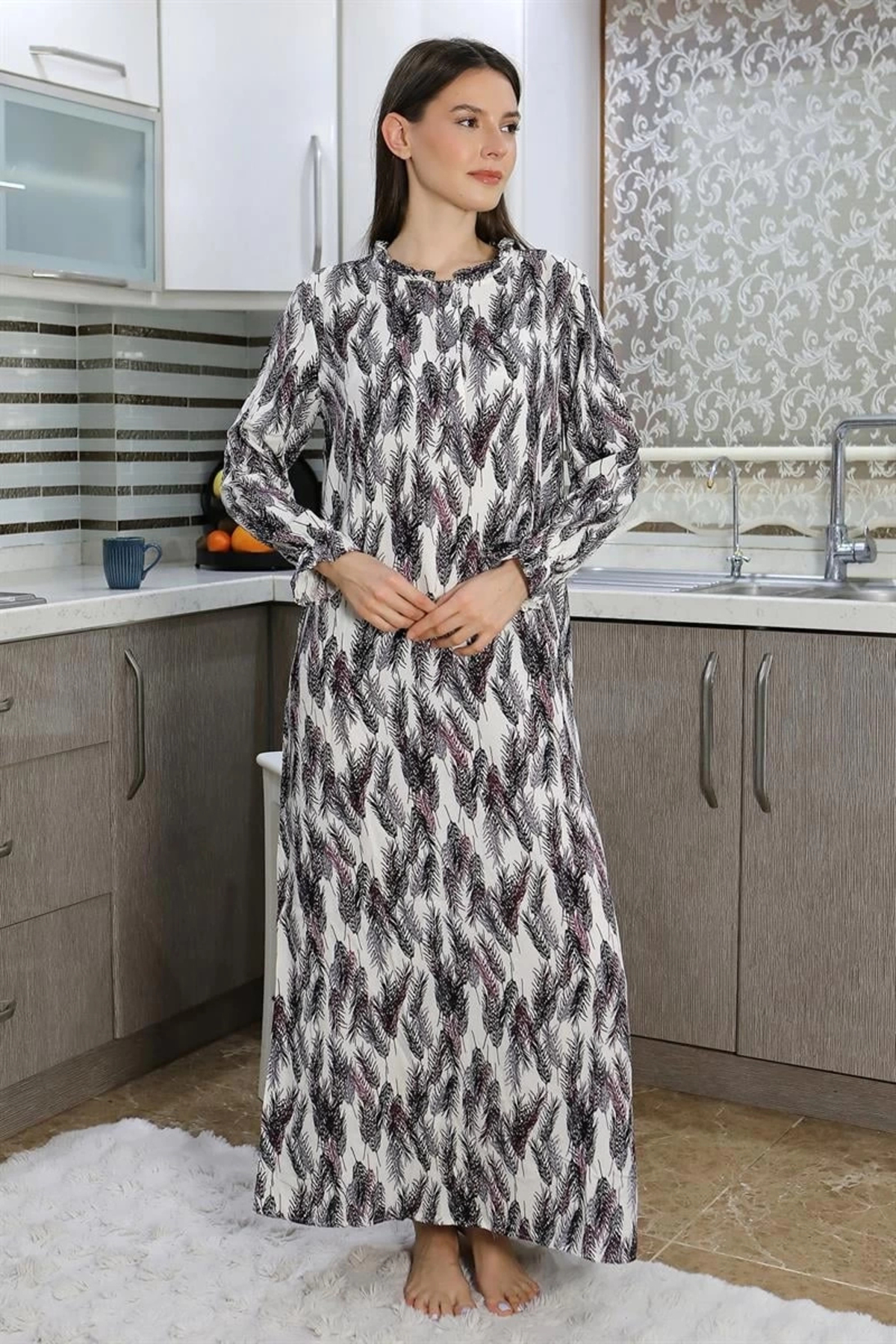 Genel Markalar Giyim Kadın Uzun Kol Penye Gecelik Ev Elbisesi Mor