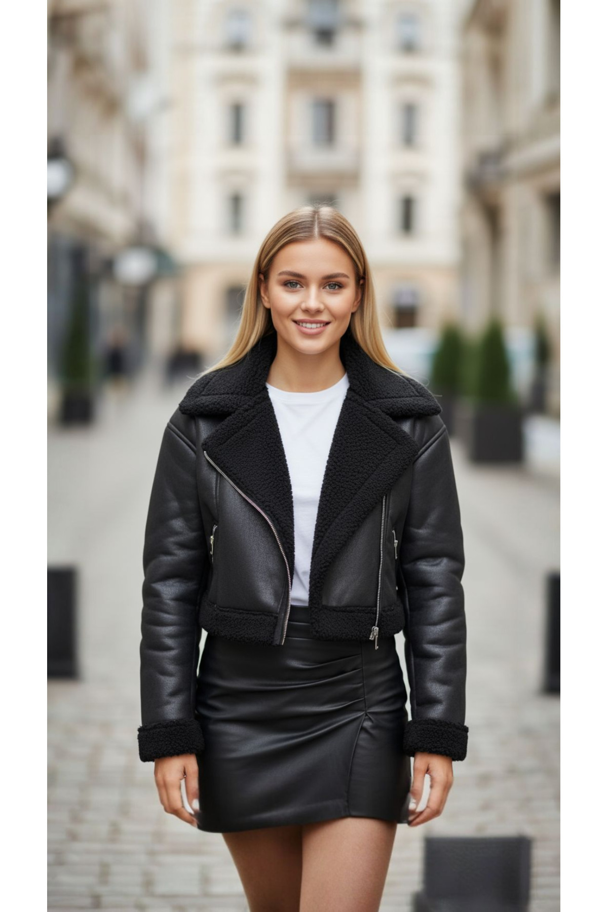 Bare & Bold Siyah Çentikli Yaka Motosiklet Ceketi - Kadın Kürklü Kısa Biker Deri Görünümlü Mont