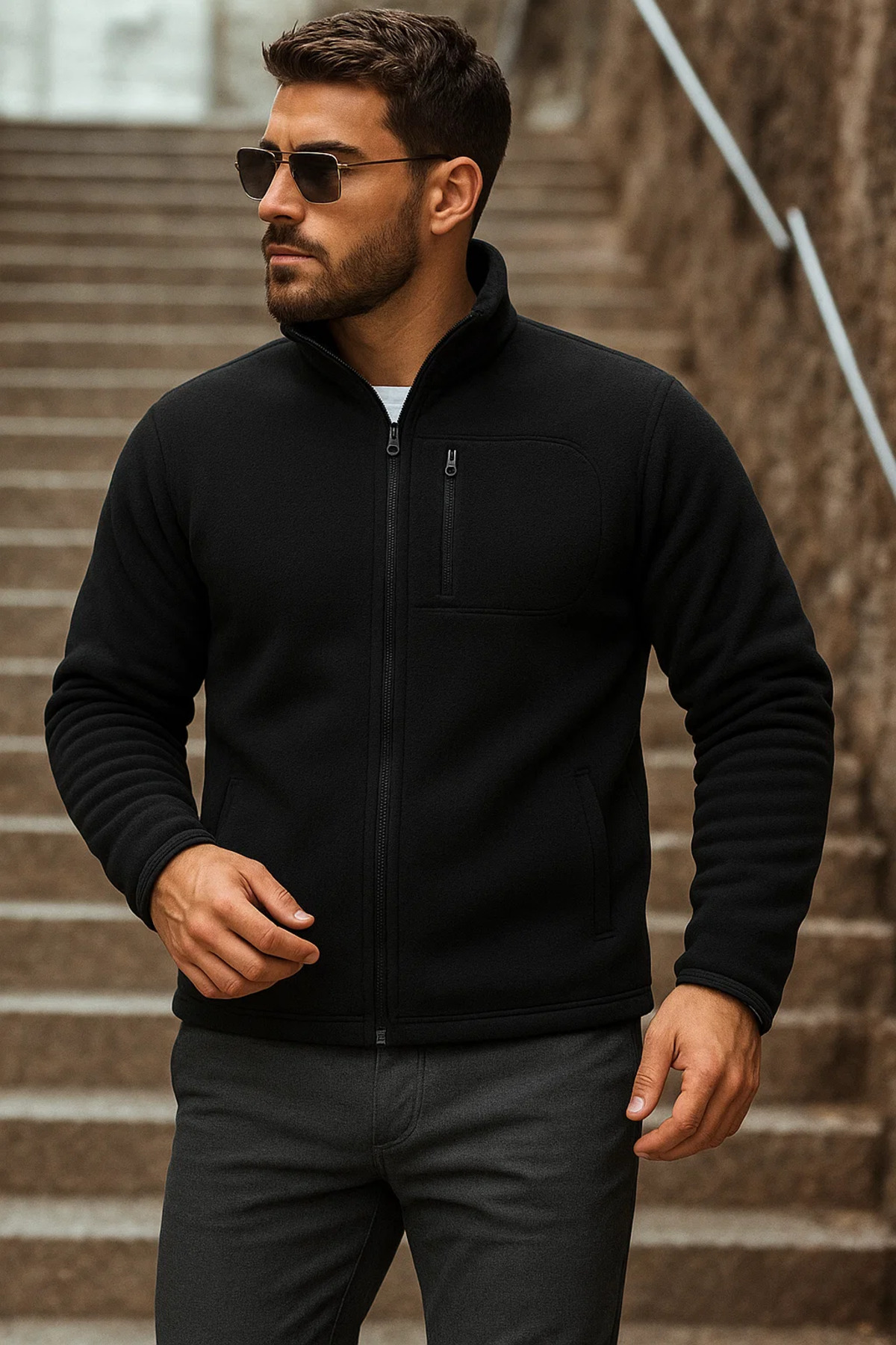 Erkek Fermuarlı Trend Kışlık Cepli Siyah Polar Hırka — مشکی Ayna-E0325-03 — تصویر 2 از 6