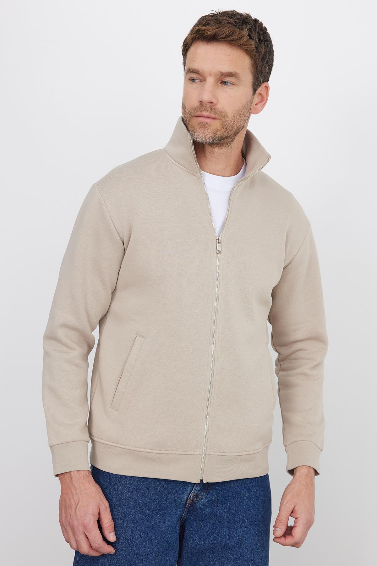 Tudors  Unisex Relax Fit Rahat Kesim Pamuklu 3 İplik İçi Polarlı Fermuarlı Cepli Taş Sweatshirt Hırka - Görsel 5