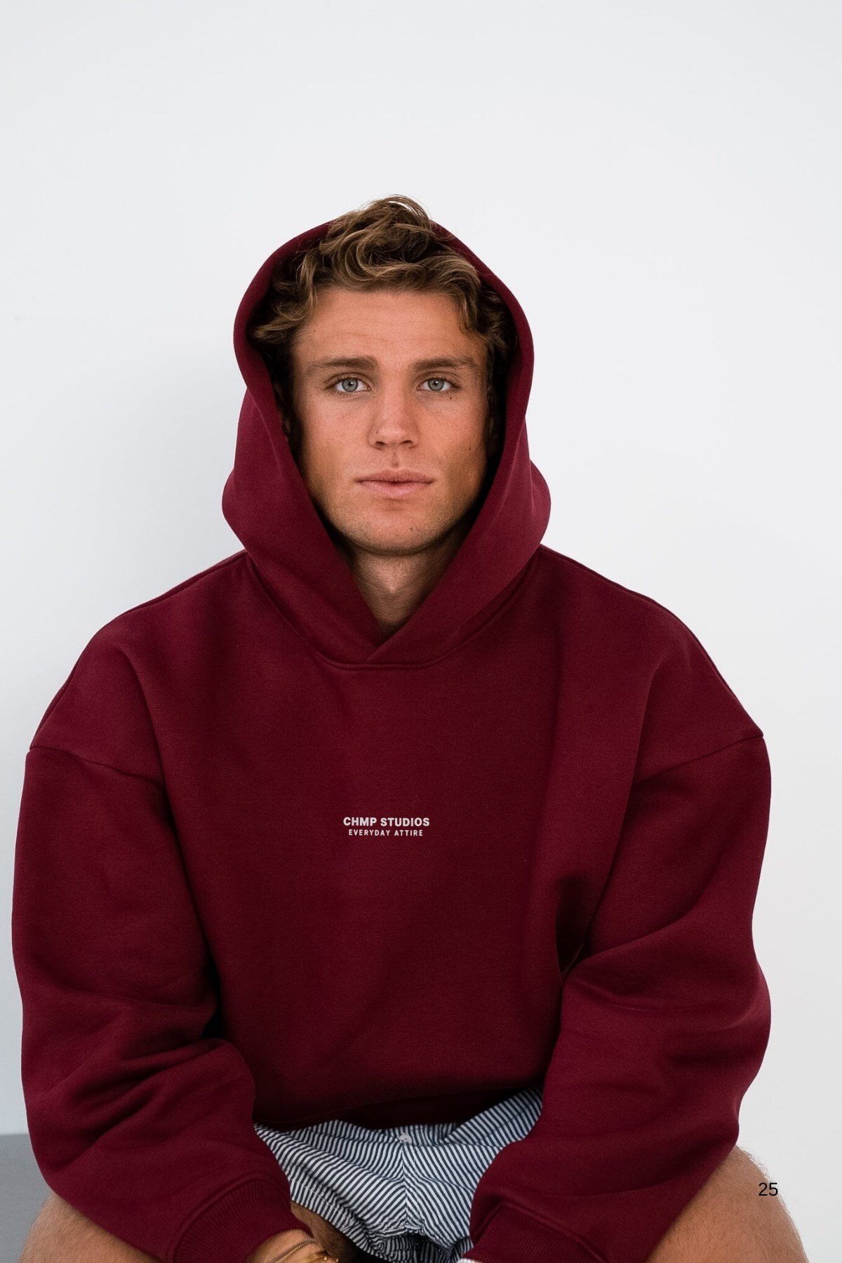 The Champ Clothing Erkek Oversize Sweatshirt Hoodie CHMP STUDIOS Baskılı Bordo, Kapüşonlu, Kanguru Cep, 3 İplik