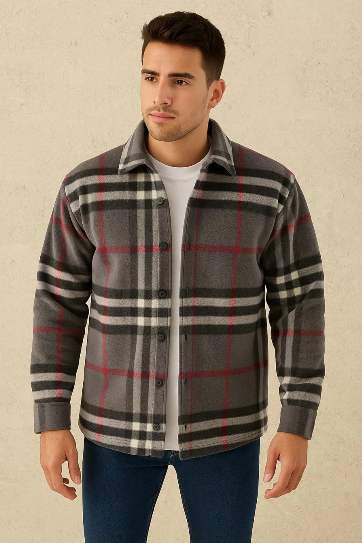 SERERO VOGUE Erkek Ekose Desenli Düğmeli Polar Yakalı Uzun Kollu Gömlek Oversize Rahat Kalıp - Füme
