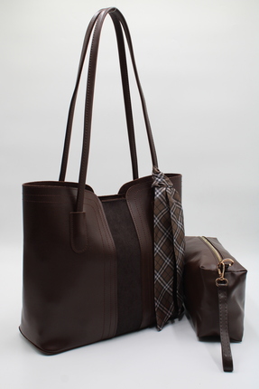 LASSO Kadın Kahverengi Büyük Boy Fular Detaylı Yavrulu El, Kol ve Omuz Çantası