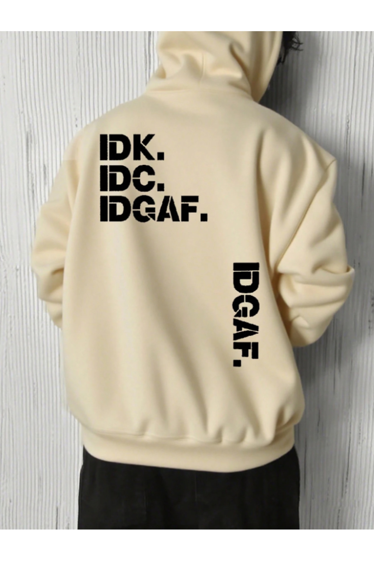 Unisex Erkek/Kadın IDGAF Renkli Özel Baskılı Pamuklu Oversize Kapüşonlu Sweatshirt — بژ IDGAF-KAPŞON-REVASSER-