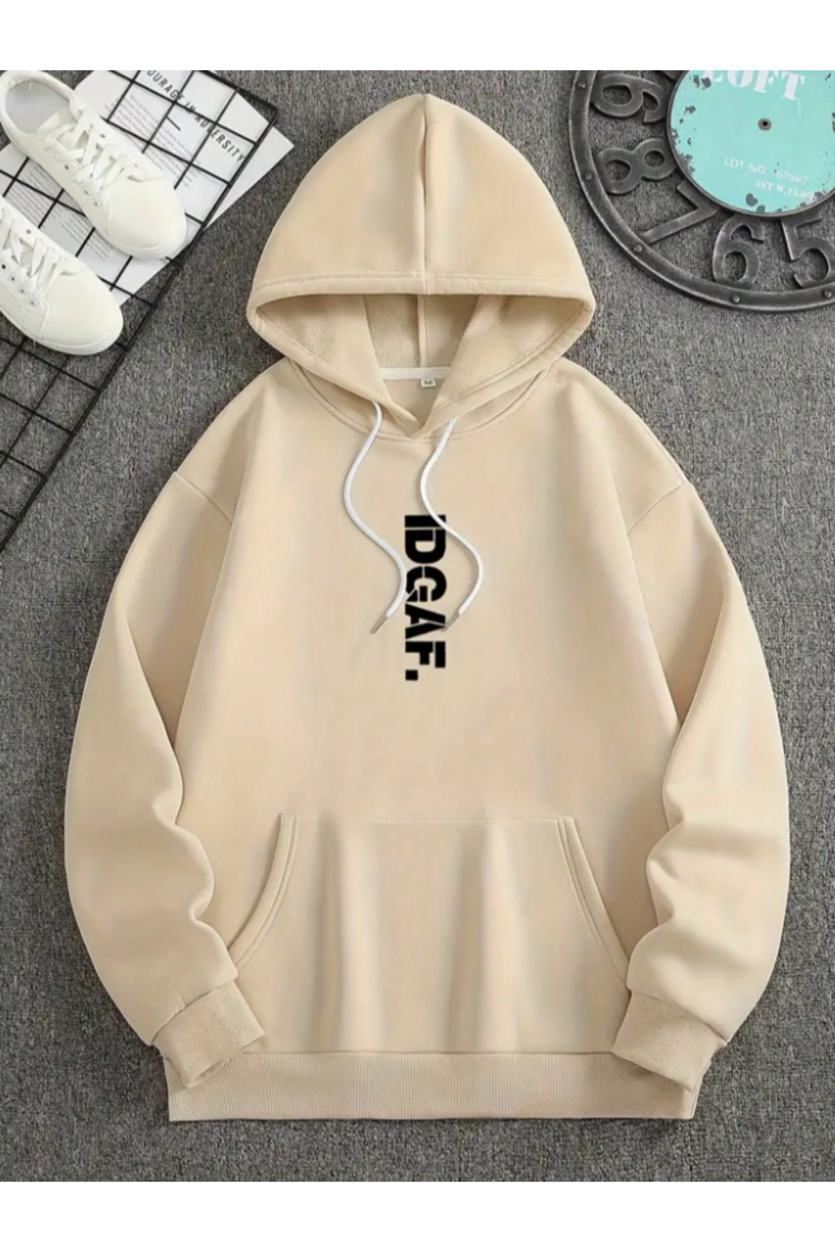 Unisex Erkek/Kadın IDGAF Renkli Özel Baskılı Pamuklu Oversize Kapüşonlu Sweatshirt — بژ IDGAF-KAPŞON-REVASSER- — تصویر 4 از 5