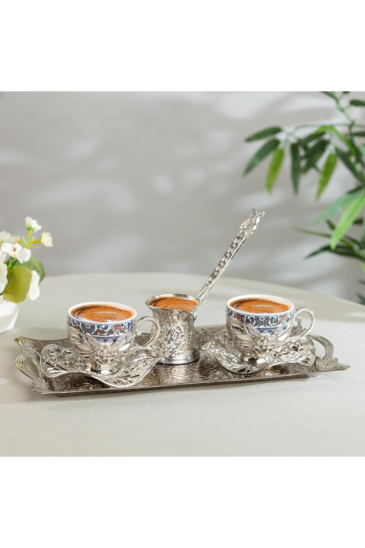 E orient Turkish Coffee Set for Two, 2 Topkapi Design Porcelain Cups with Saucers, Metal Tray