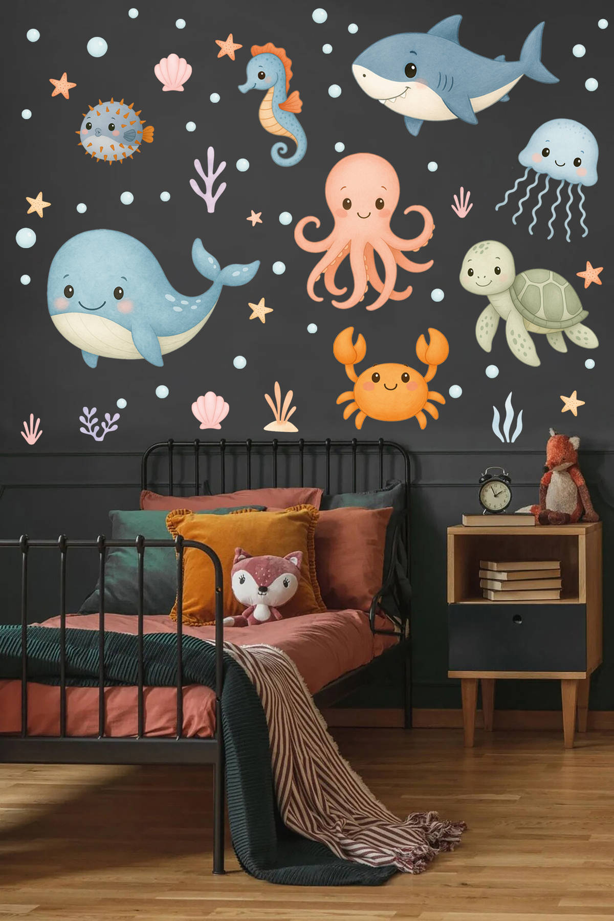 Sticker Sepetim Sevimli Pastel Deniz Canlıları Duşakabin ve Banyo Duvar Sticker Seti fotoğrafı 3 (önizleme)