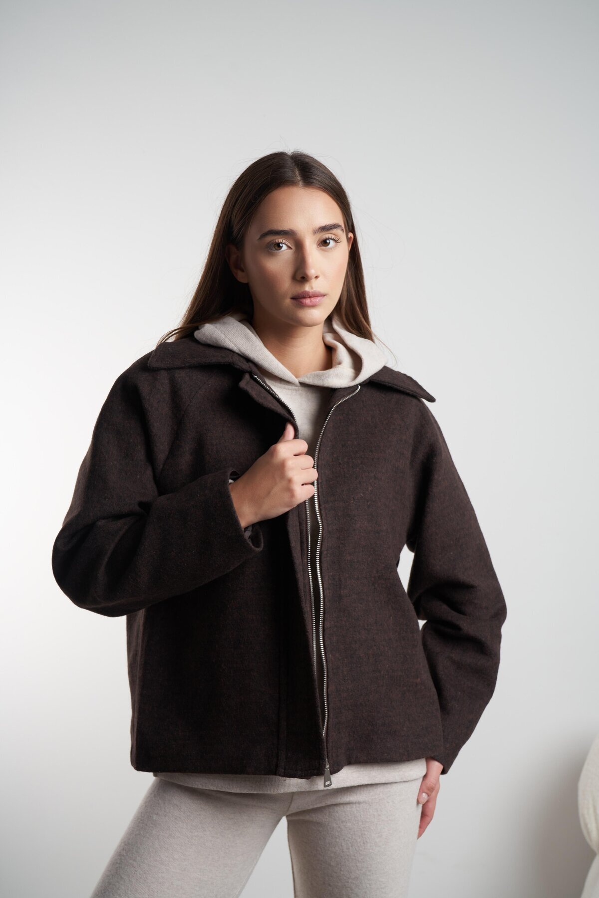 citycenterfashion Kadın Yakalı Astarlı Fermuar Kapama Kaşe Ceket/Kaban cty-abr-9057