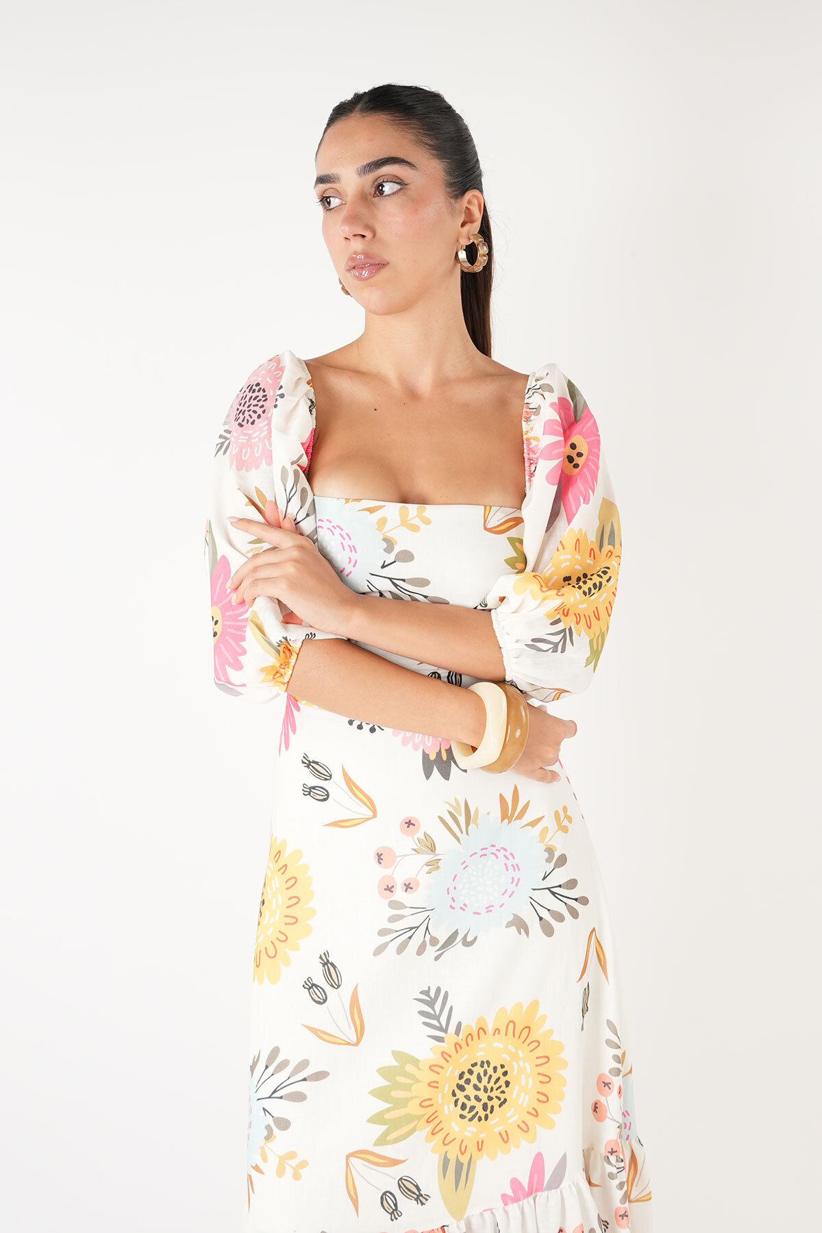 Moda Amore Square Neck Puff Sleeve Floral Patterned Midi Length Linen Dress 009