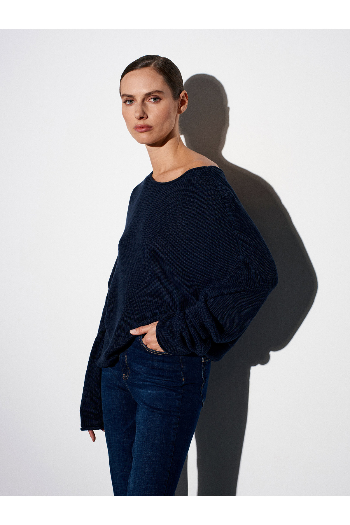 Dilvin  10804 Kayık Yaka Dökümlü Triko Kazak-Lacivert - Görsel 5