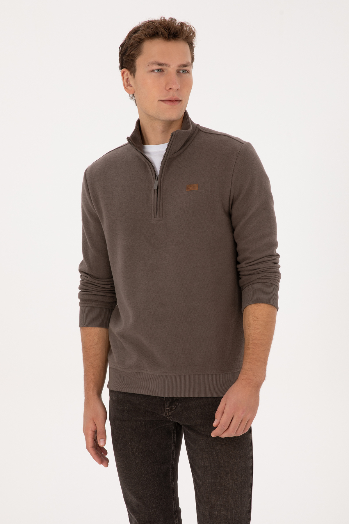 U.S. Polo Assn. Erkek Regular Fit Yarım Fermuarlı Vizon Basic Sweatshirt 50313802-VR052