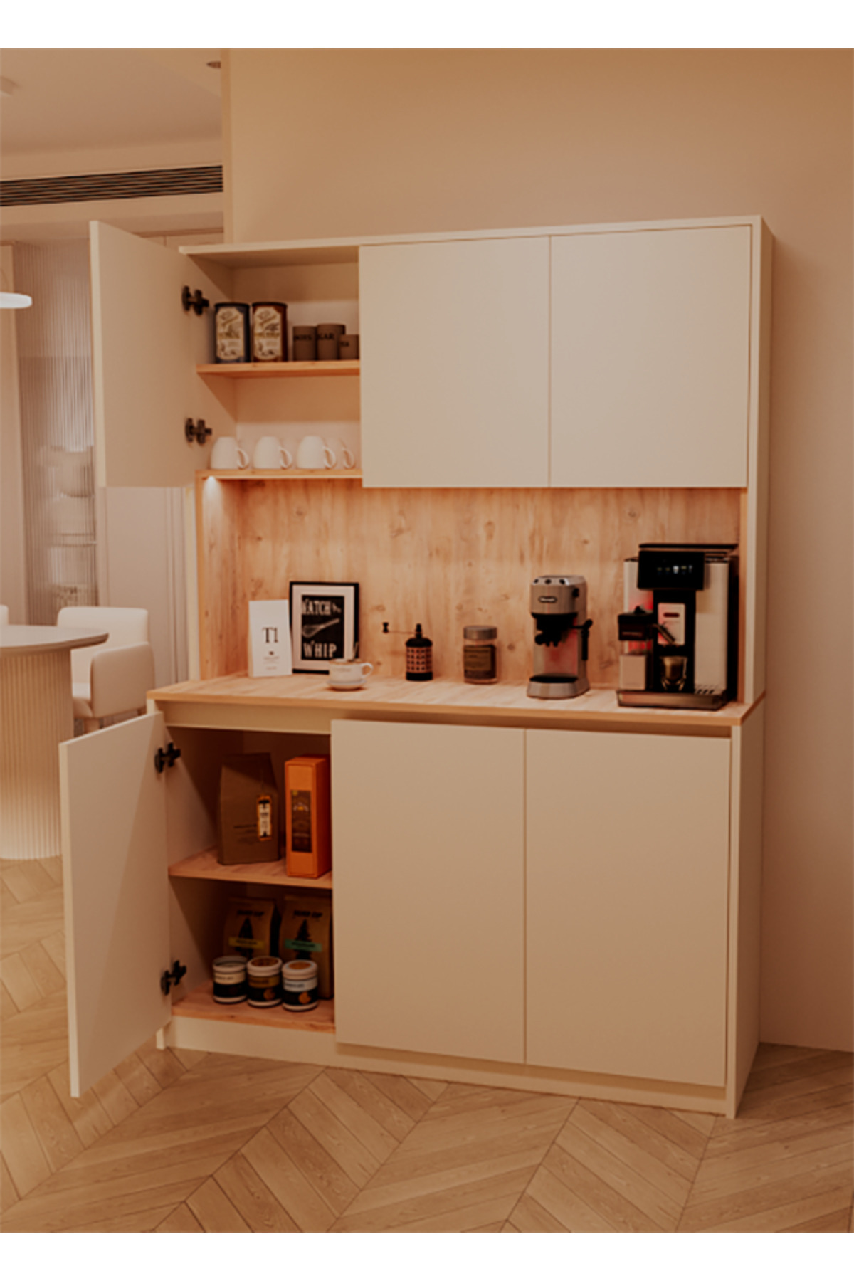 Avex Home Luna Kahve Köşesi – 135 cm Çok Amaçlı dolap – Gömme LED