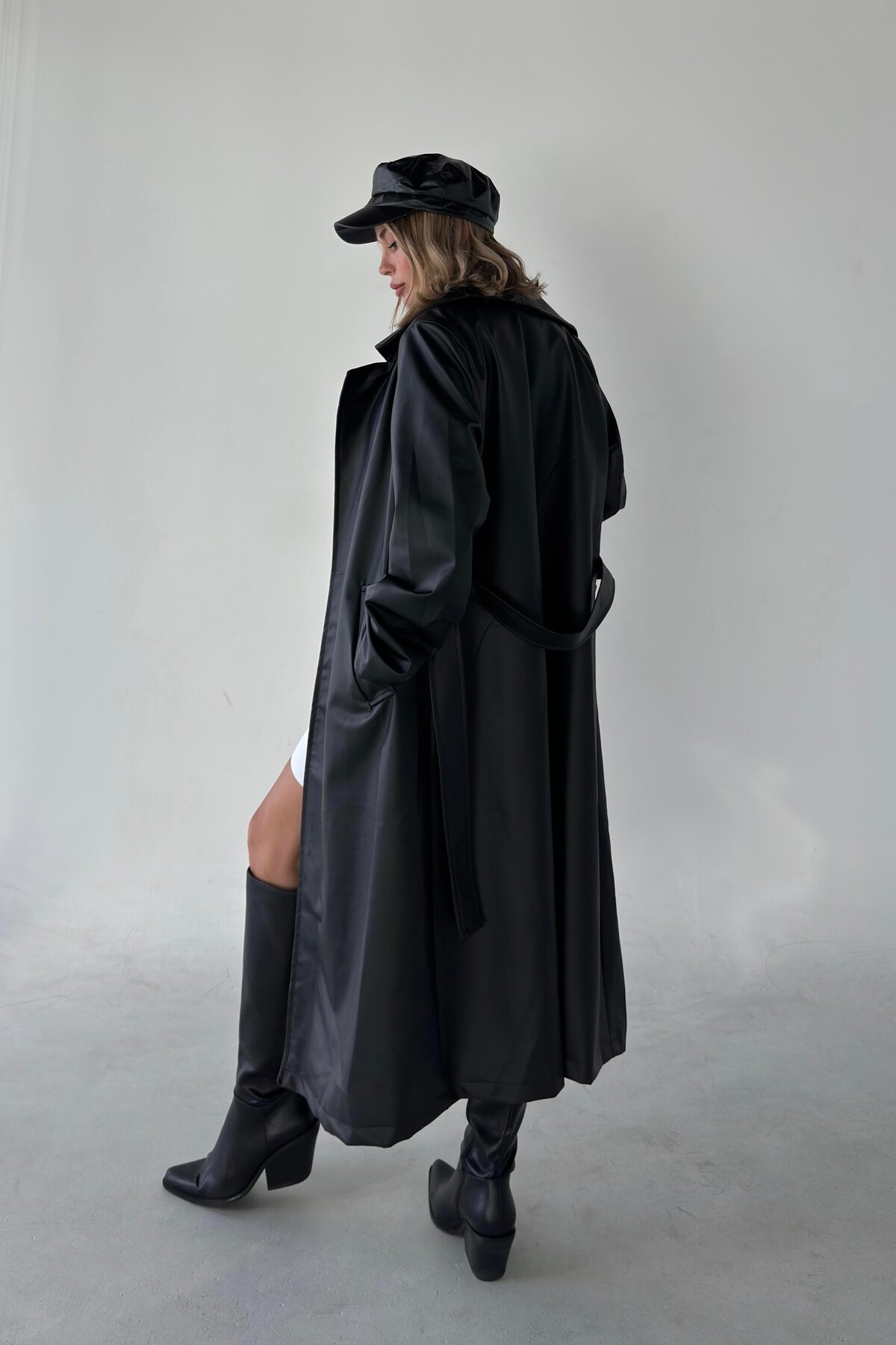 VESS MODA  Kuşaklı Tam Boy Astarlı Maxi Boy Deri Trençkot Pardesü Siyah - Görsel 4