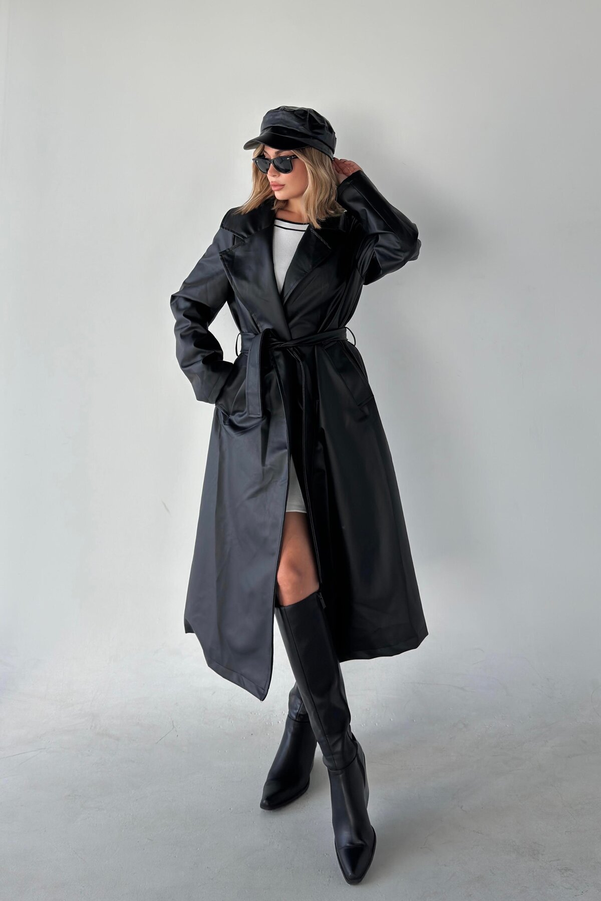 VESS MODA  Kuşaklı Tam Boy Astarlı Maxi Boy Deri Trençkot Pardesü Siyah - Görsel 2