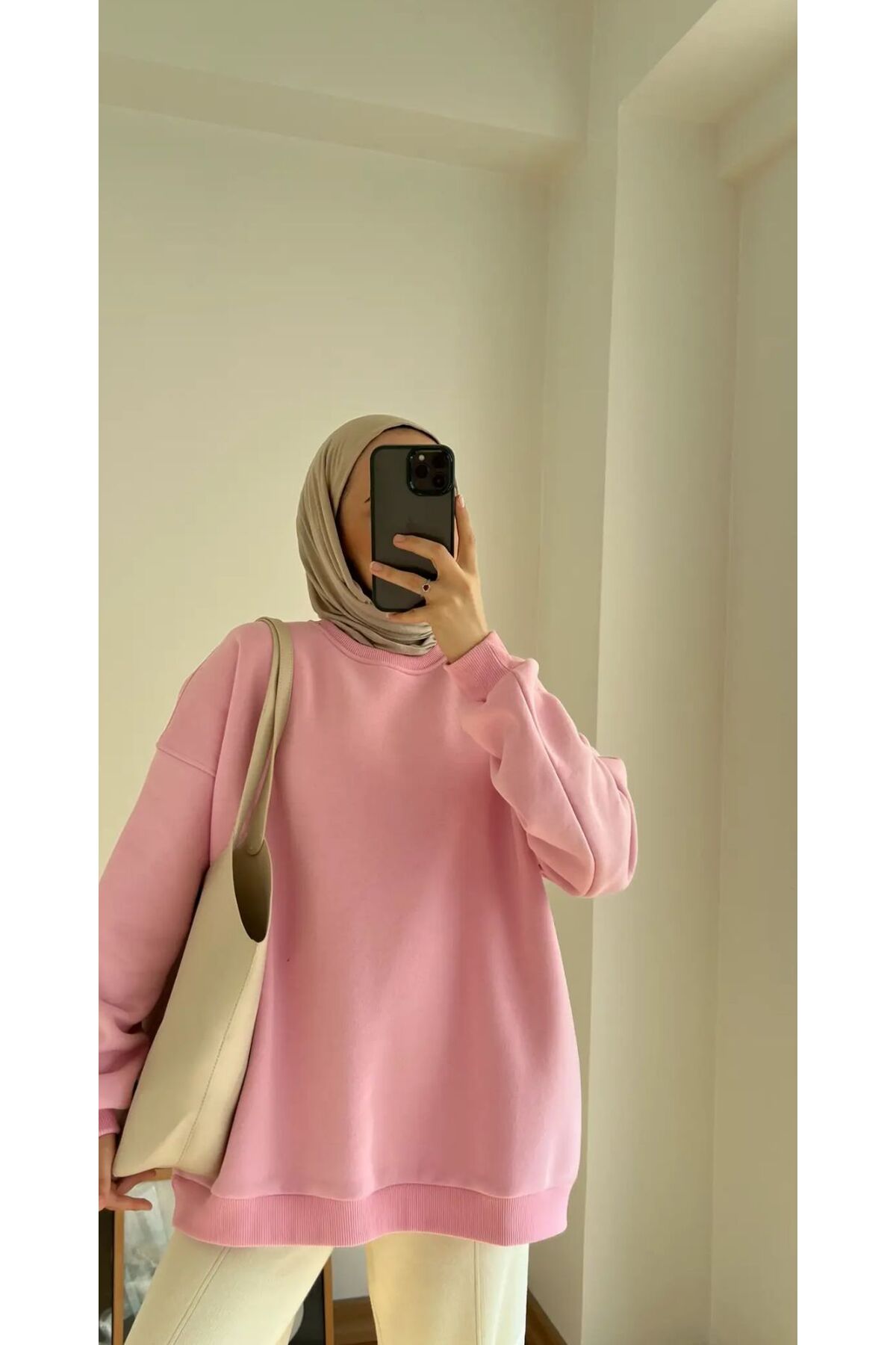 onlymoon %100 Pamuk Kadın Sweatshirt Pembe, Oversize Uzun Kalıp Yumuşak Basic Günlük Üst görsel 5