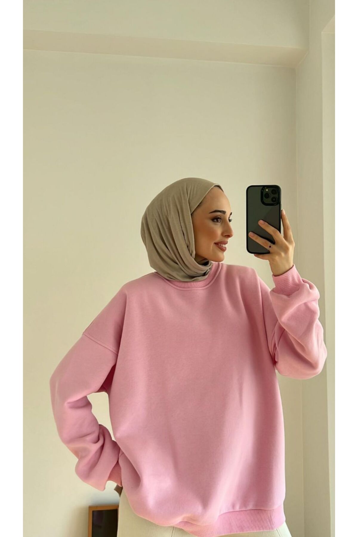 onlymoon %100 Pamuk Kadın Sweatshirt Pembe, Oversize Uzun Kalıp Yumuşak Basic Günlük Üst görsel 3