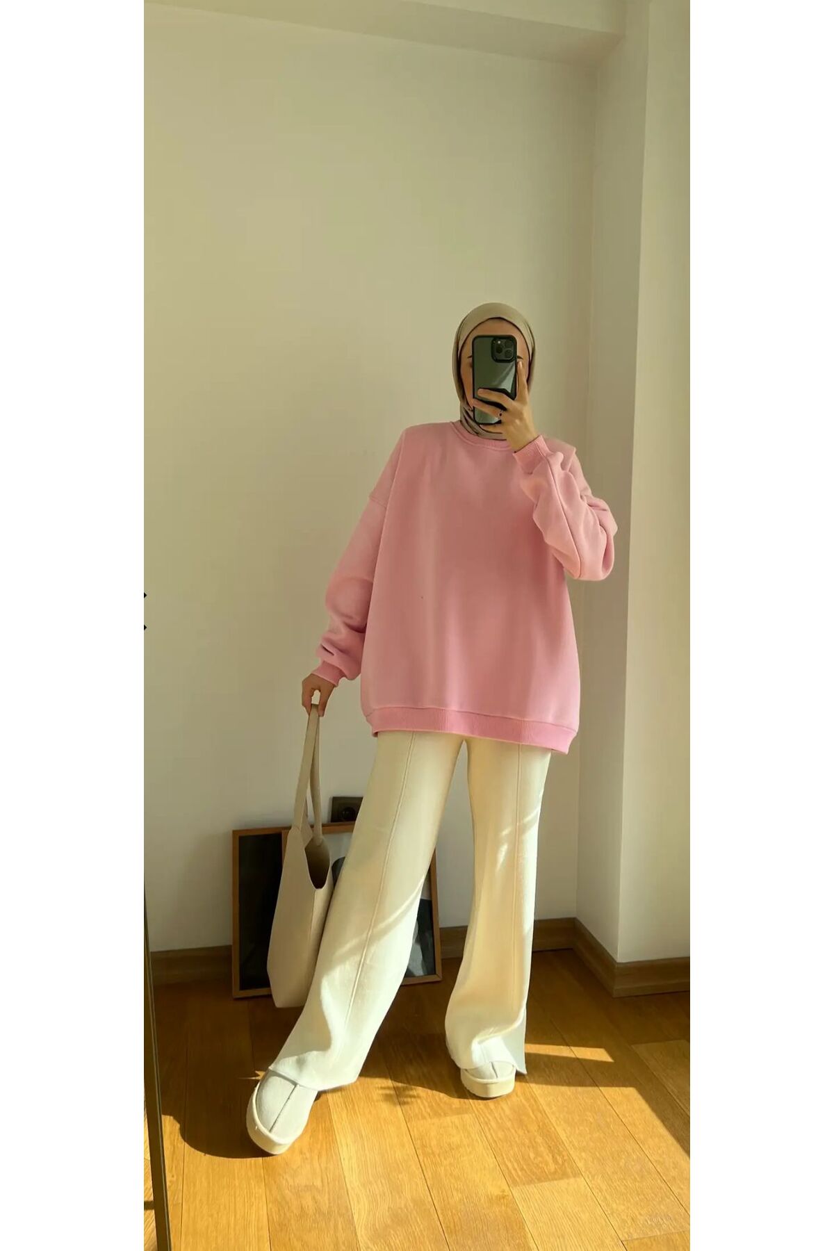 onlymoon %100 Pamuk Kadın Sweatshirt Pembe, Oversize Uzun Kalıp Yumuşak Basic Günlük Üst görsel 2