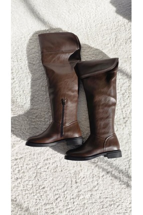 Melinta Shoes Melinta Kadın Siyah Fermuarlı Katlamalı Diz Üstü Kahve Çizme