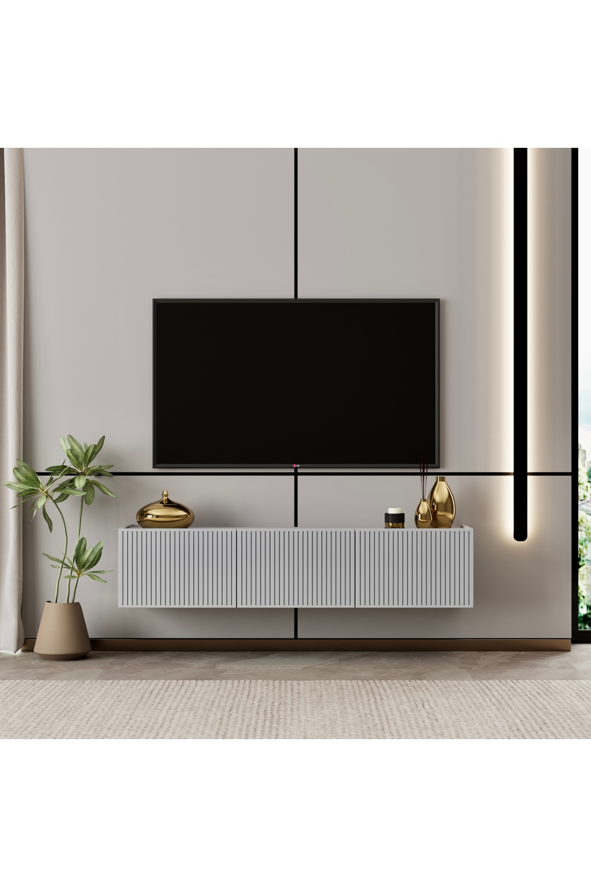 Capella TV unit fog gray MDF 120 cm with wall mounted cover and shelf