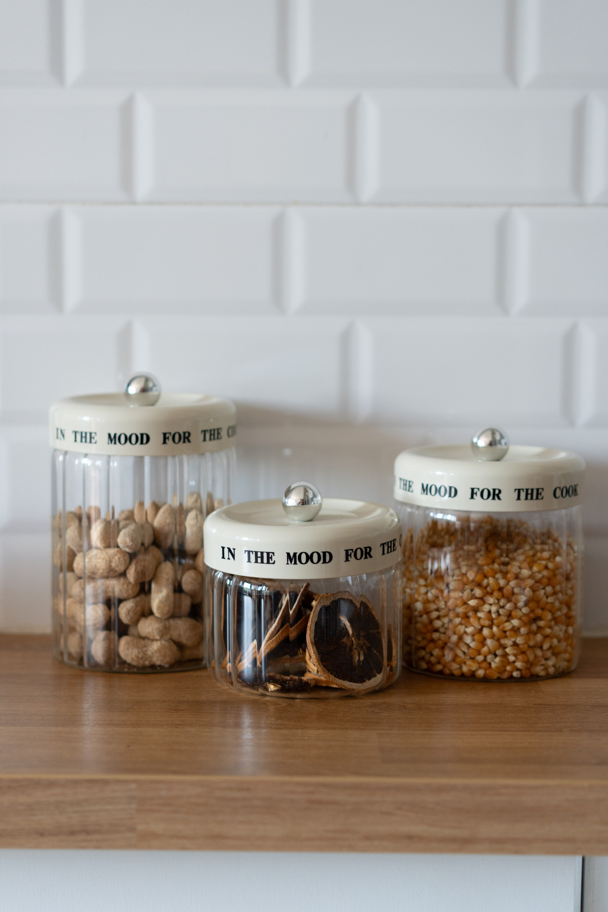 Dekorzdükkan 3'lü Krem Vakum Kapaklı Motto Cam Kavanoz Seti (850ml+1100ml+1400ml)