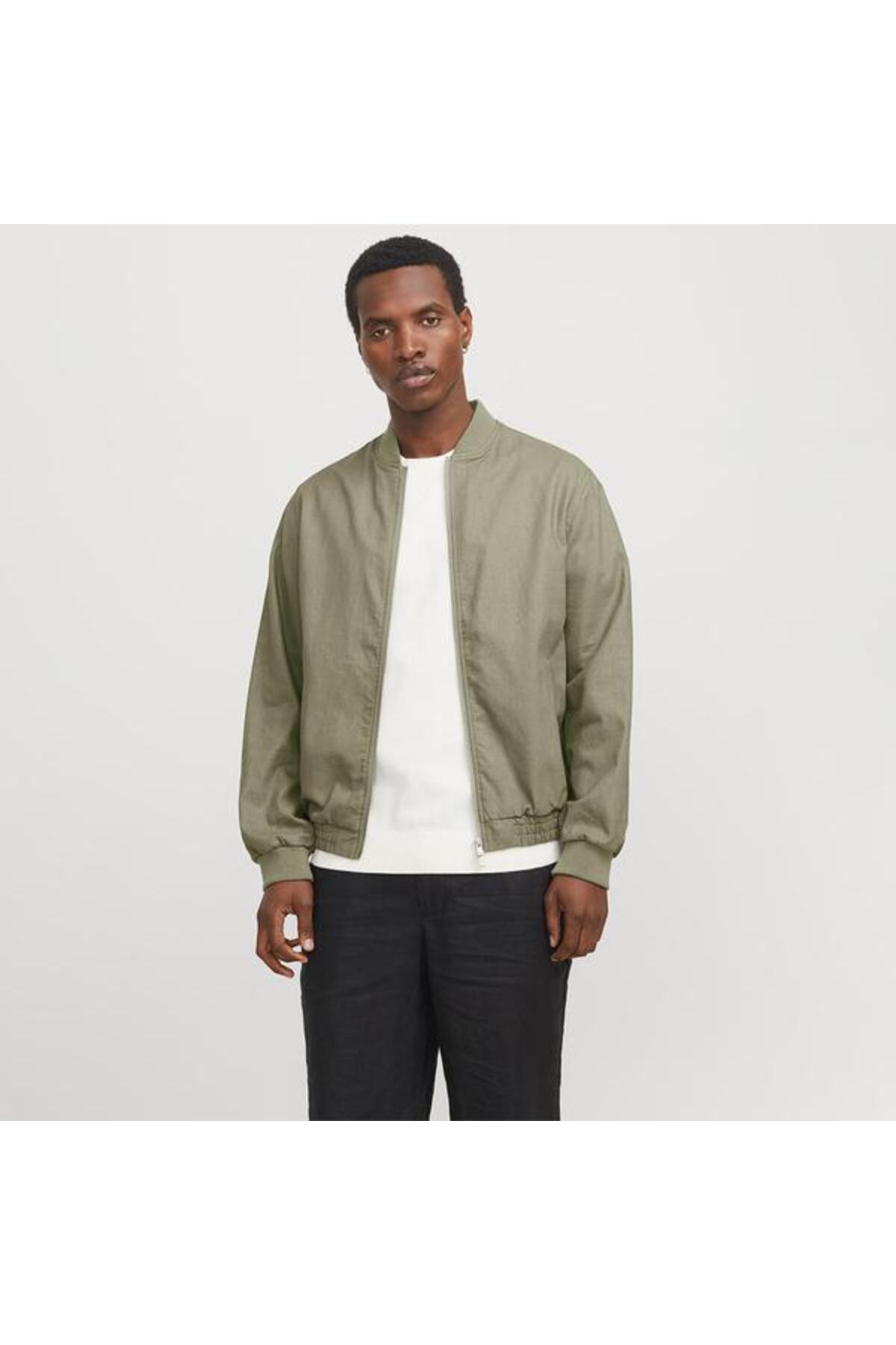 جک اند جونز ژاکت یقه کلاسیک خاکی مردانه جک اند جونز مدل Blaleister Linen Blend Bomber