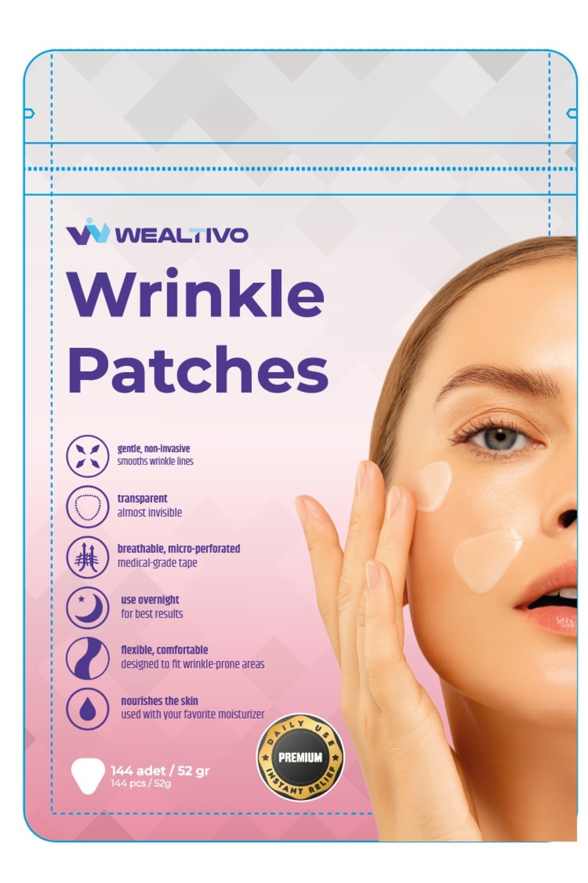 Wealtivo Yüz Bandı 144’lü - Kırışıklık için Şeffaf & Yüz Germe Bantları Premium (Wrinkle Patch)