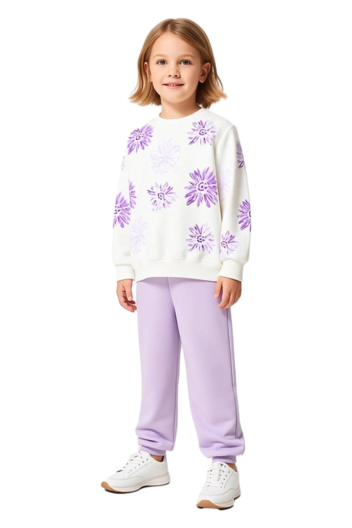 Kız Çocuk Pamuklu Örme Sweatshirt ve Eşofman Altı Takımı Çiçek Baskılı Kaliteli Şık Rahat