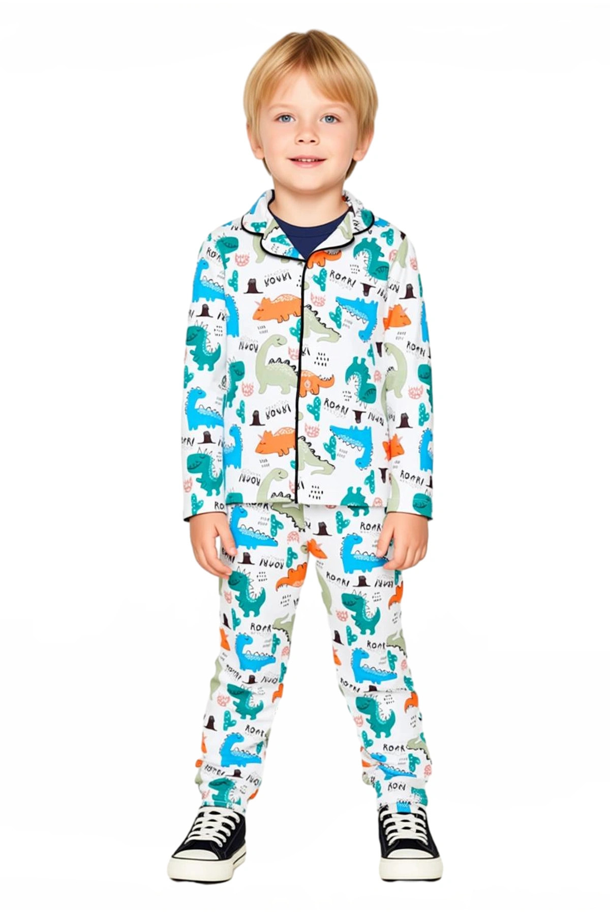 Dinozor Desenli Erkek Çocuk Uzun Kollu Pijama Takımı Kaliteli Şık Rahat Günlük