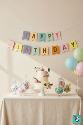 Bunloon Makaron Gold Happy Birthday Yazılı Banner – Pastel Tonlarda Şık Doğum...