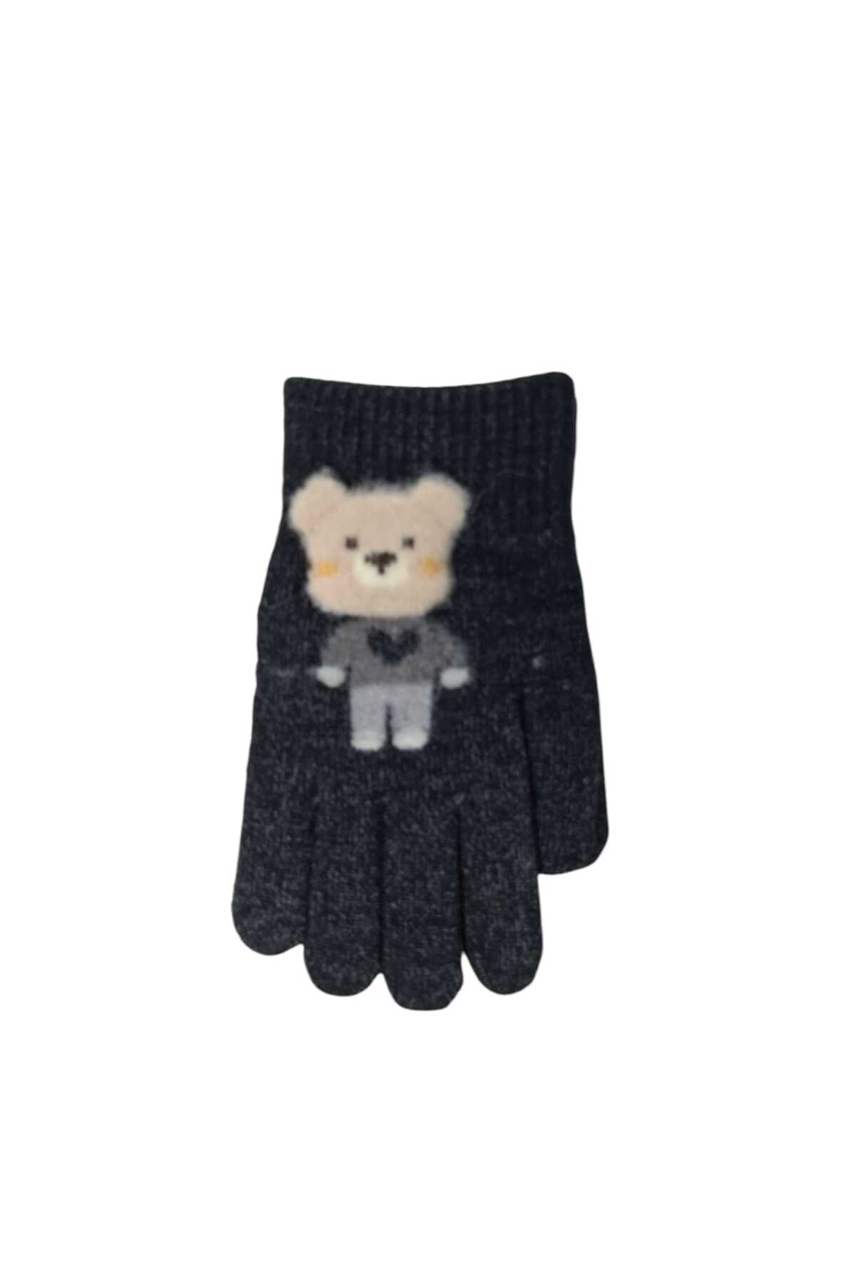 Kitti Spteks 4-8 Yaş Erkek Çocuk Antrasit Renk Ayıcık Figürlü Kışlık Örme Eldiven fotoğrafı 3 (önizleme)
