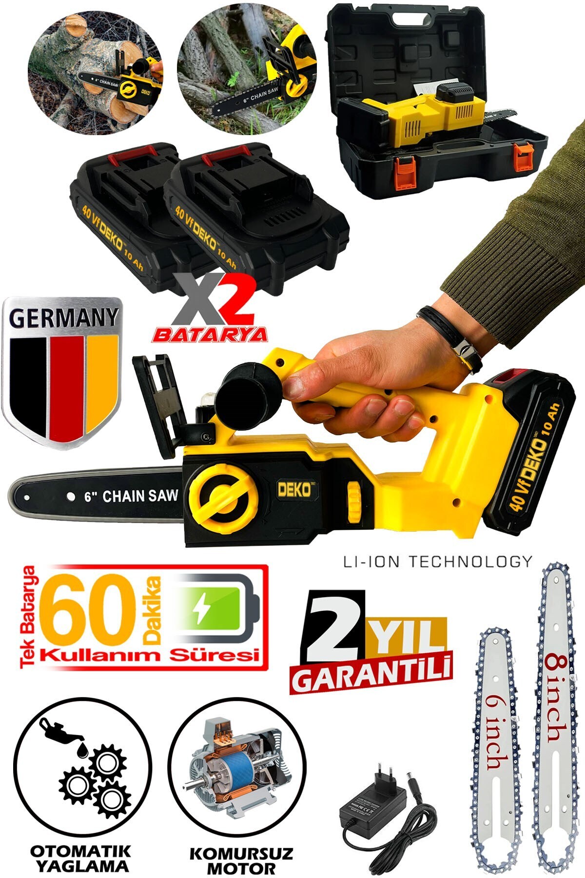 DEKO TURKEY Şarjlı Dal Budama Kesme Testeresi Çift Palalı x2 Akü