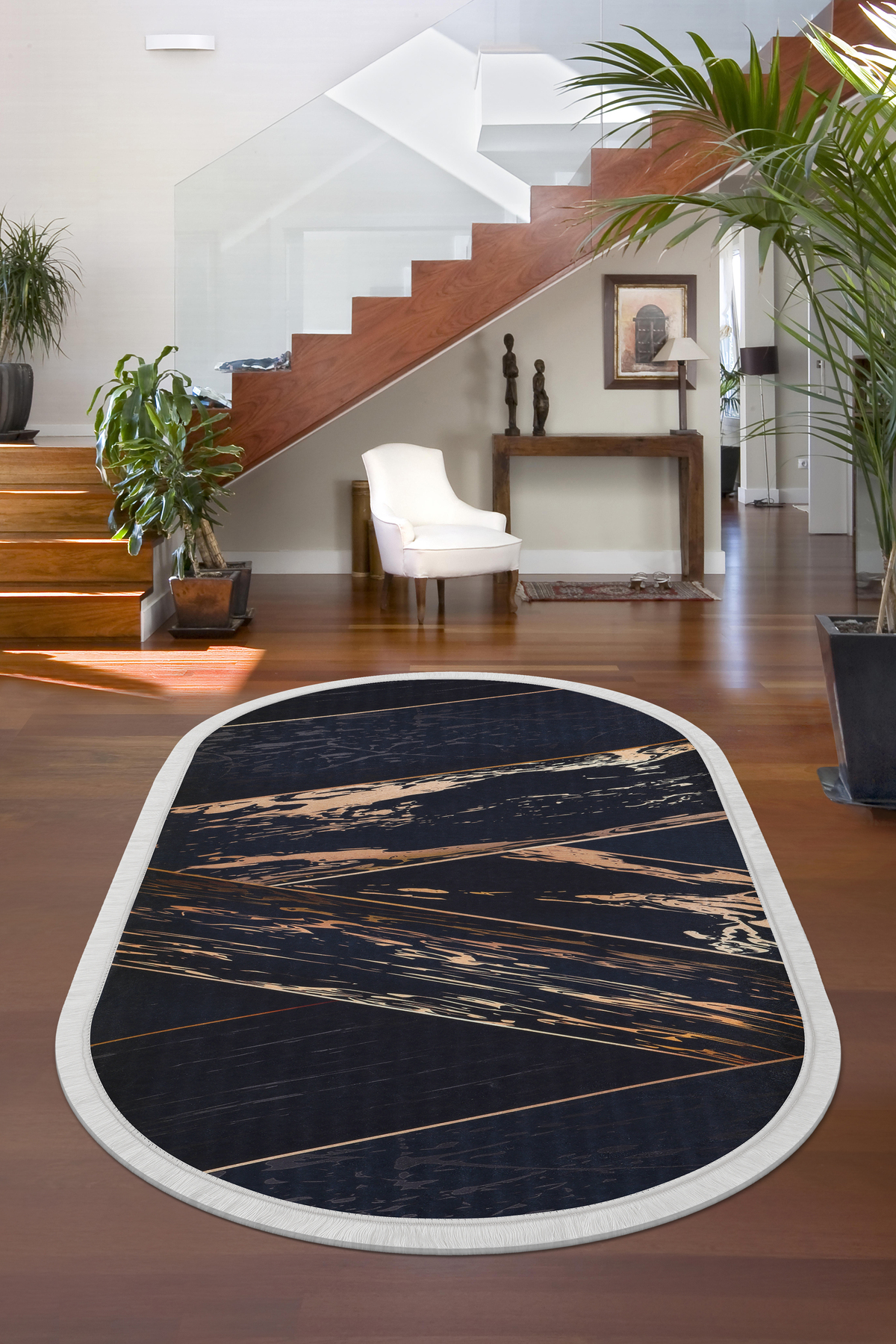 Dijidekor Covor Digital Oval Cu Franjuri Design Modern Culoare Negră Ștergabil 60x650 - One Size