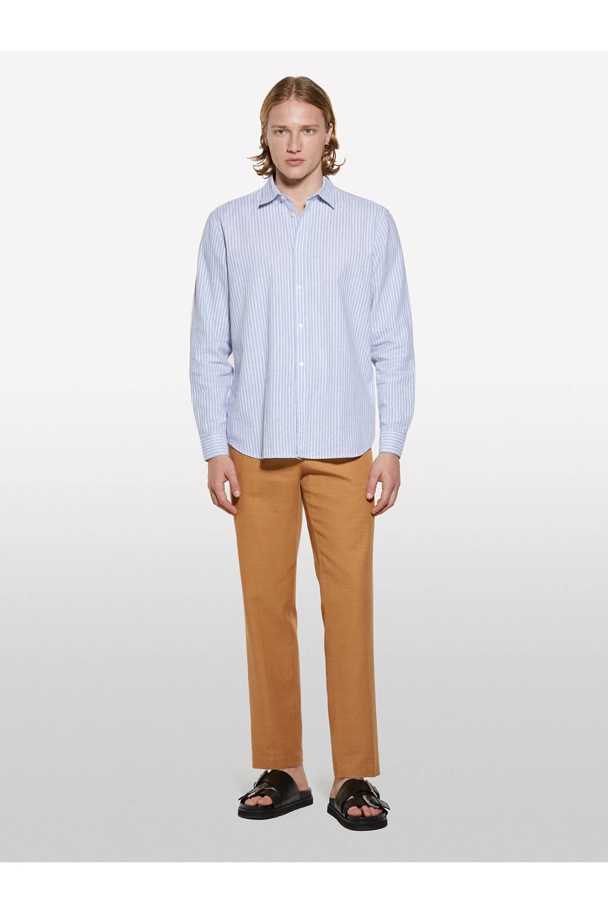 پیراهن مردانه سفید طرح راه راه ترکیبی کتان - 325P51FCSQ03G  پیراهن Sisley