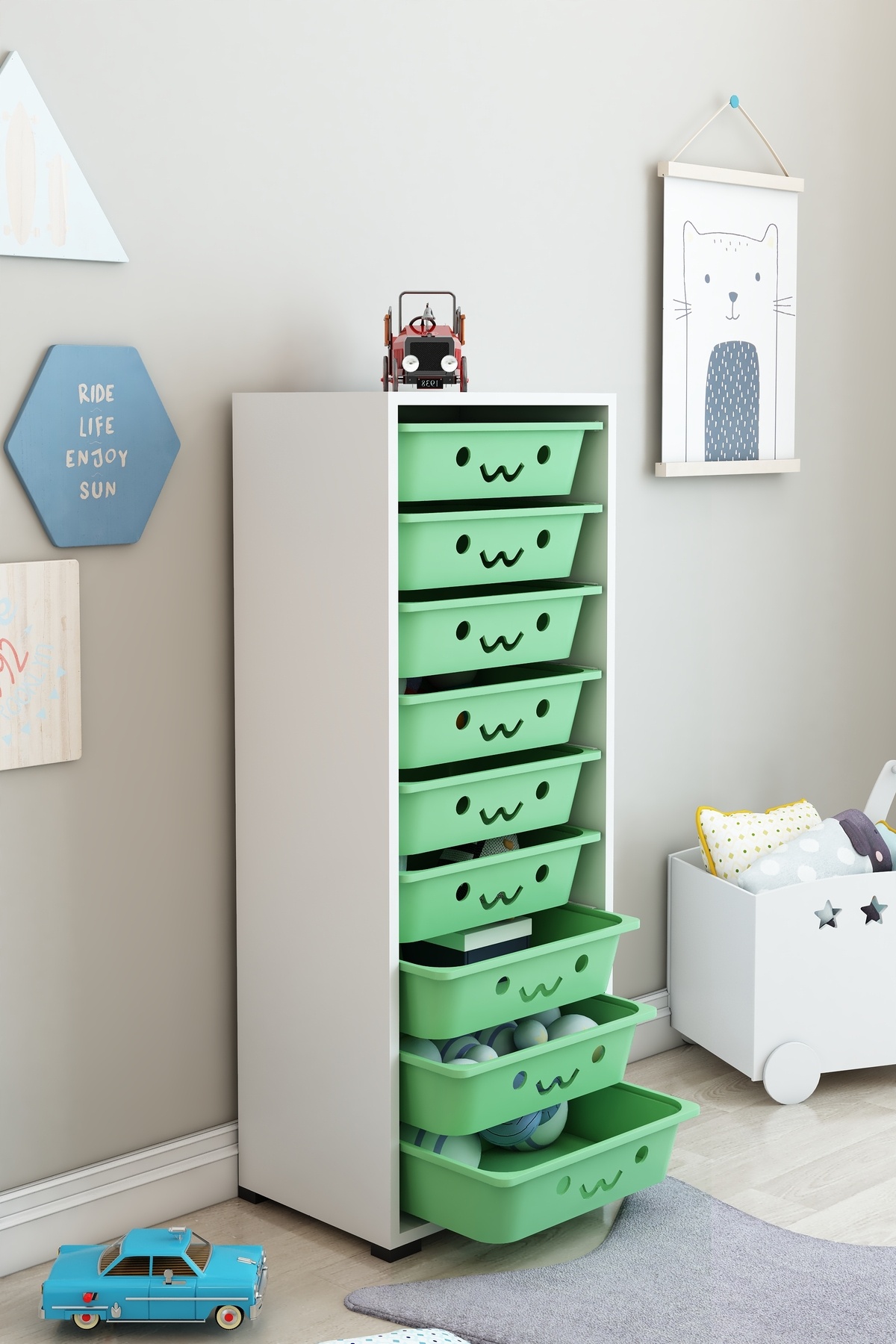 DEKOZUM KİDS Gülen Yüzlü 9 Sepetli Dolap Oyuncak Dolabı Çok Amaçlı Mutfak Banyo Kiler Dolabı Beyaz YEŞİL
