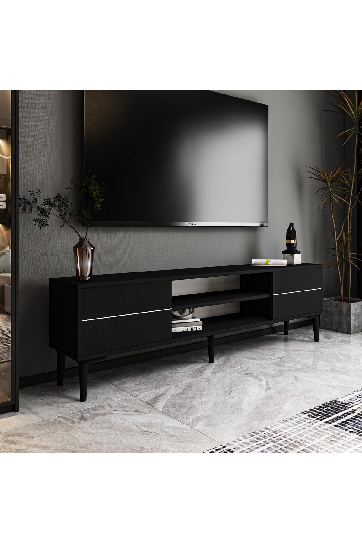 Delixa Aragon Modern TV Sehpası – 140 cm, 2 Kapaklı + 2 Açık Raflı, Siyah & Beyaz Renk Seçenekli Tv Ünitesi