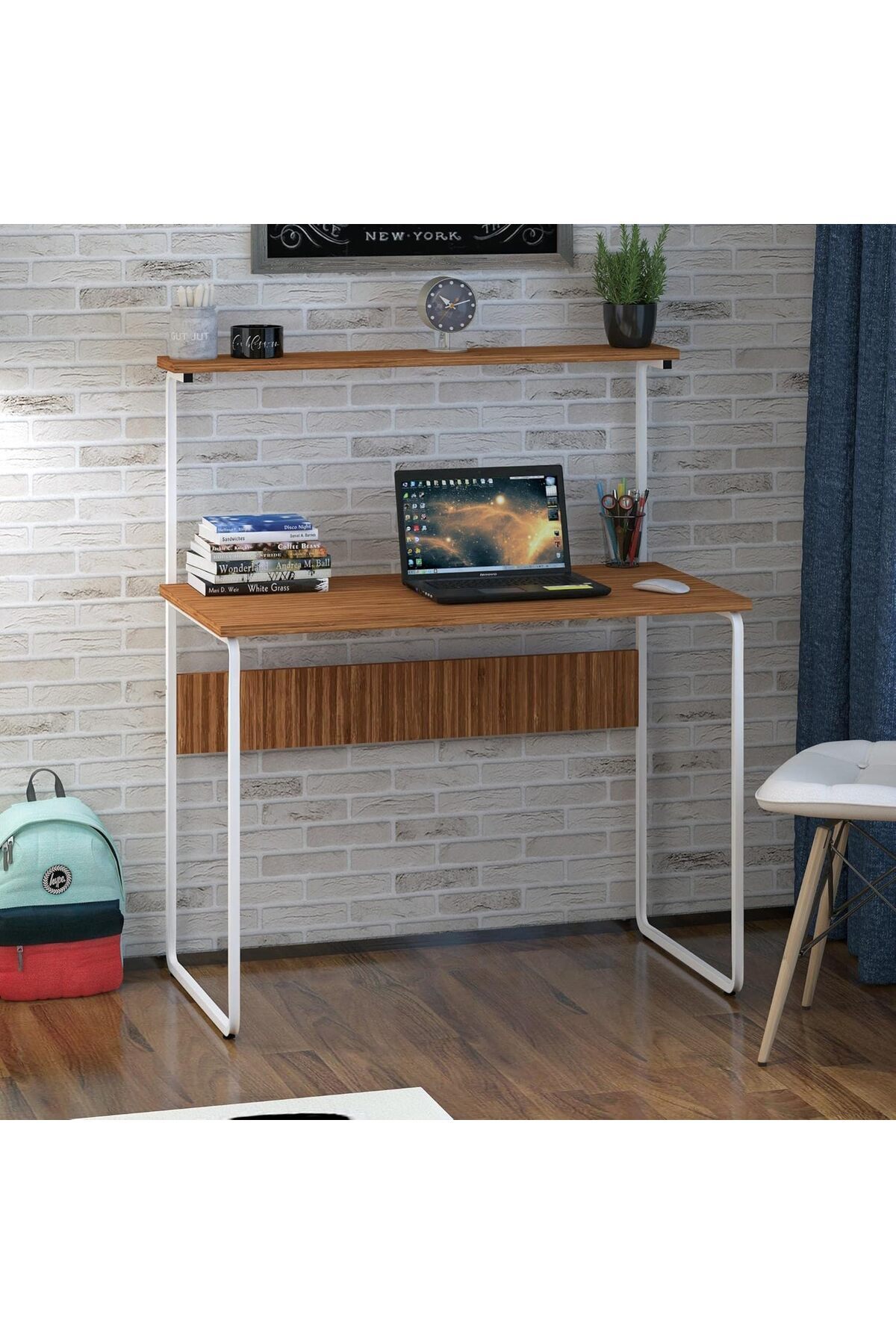 Delixa Dehalimited G Masa 100x50 Metal İskeletli Parlak Bambu Yüzey Ders Çalışma ve Bilgisayar Masası