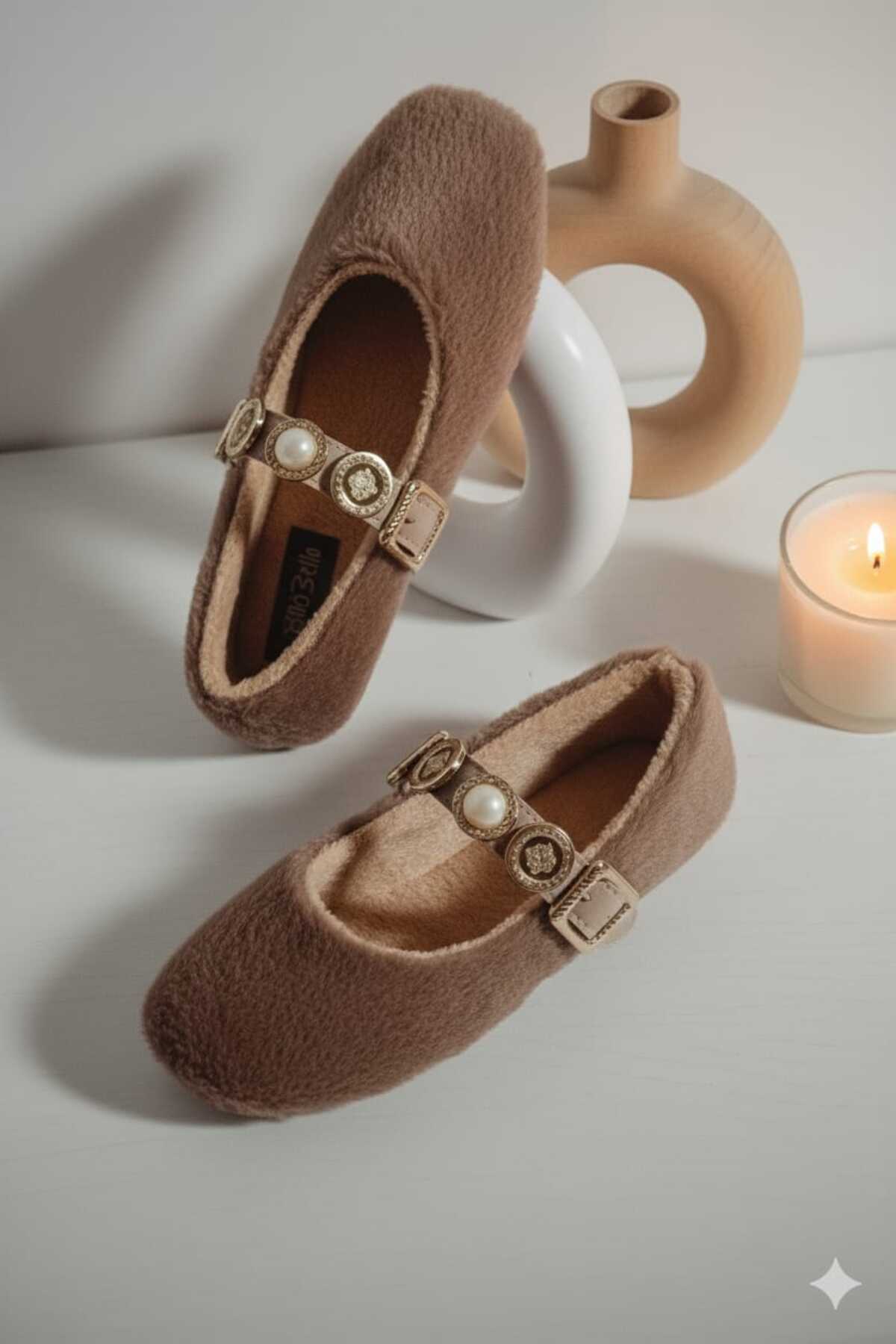 Klay Shoes Kadın Ayakkabı Kışlık Tokalı Peluş İçi Yünlü Ev Babeti