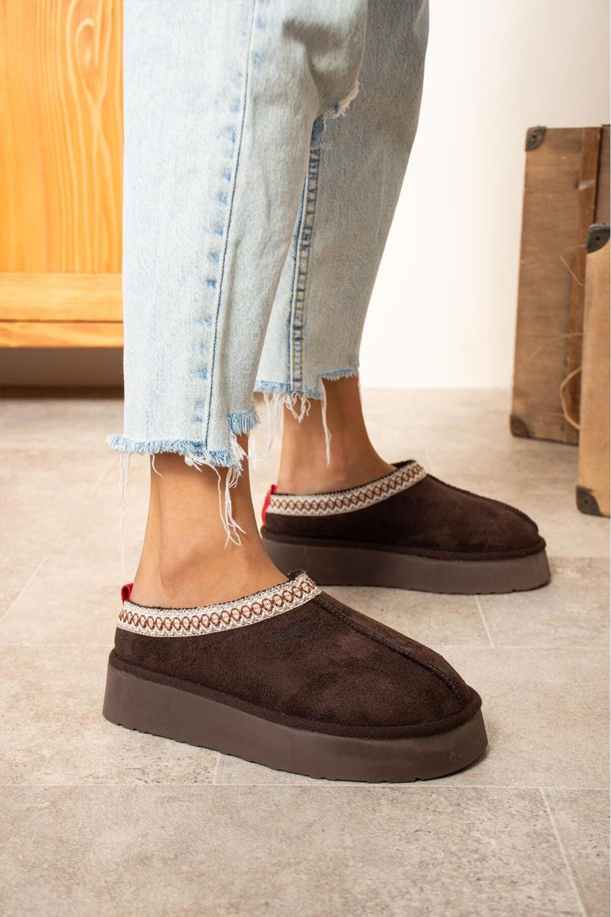 TREND Kadın Kışlık İçi Kürklü Süet Slip-On Bot -Koyu Kahve