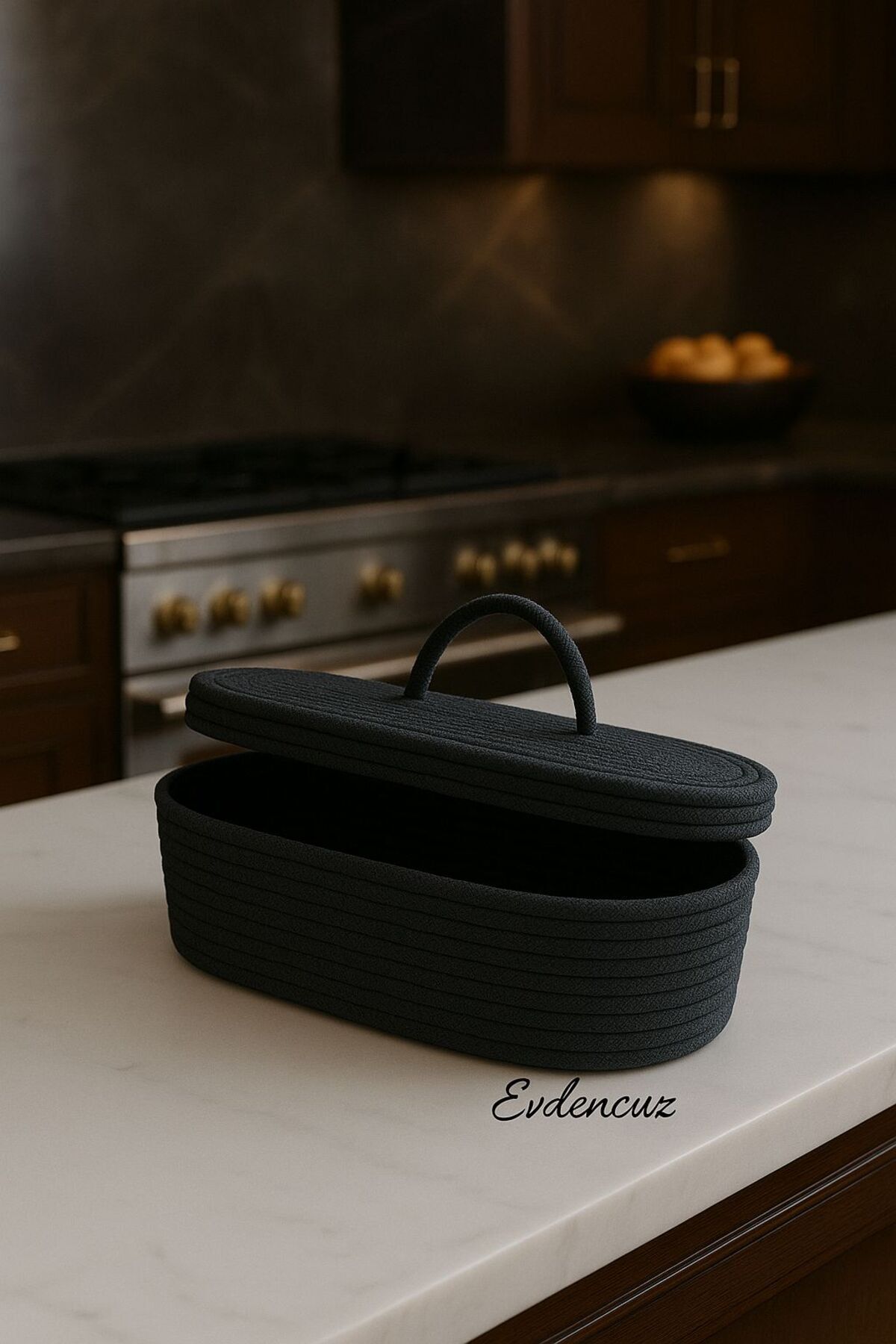 evdeucuz Jüt Hasır Sepet Oval Kapaklı Organizer 30x20-Siyah