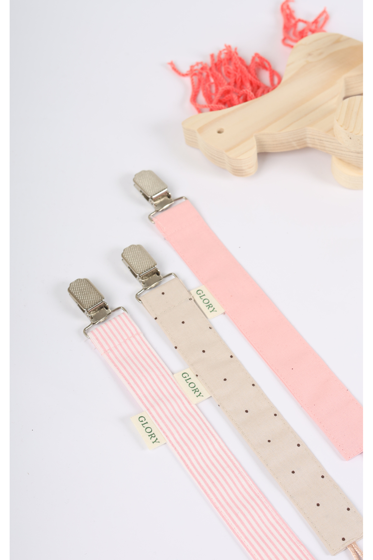 GLORY BABY Emzik Askısı - Emzik Zinciri - Emzik Tutacağı - 3'lü Set - Pembe Çizgili, Kahve Nokta fotoğrafı 3 (önizleme)