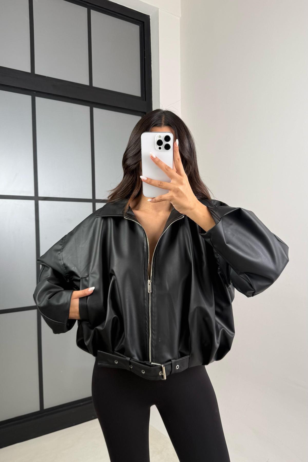 Jaglion Luvren Belted Leather Jacket- Trendyol