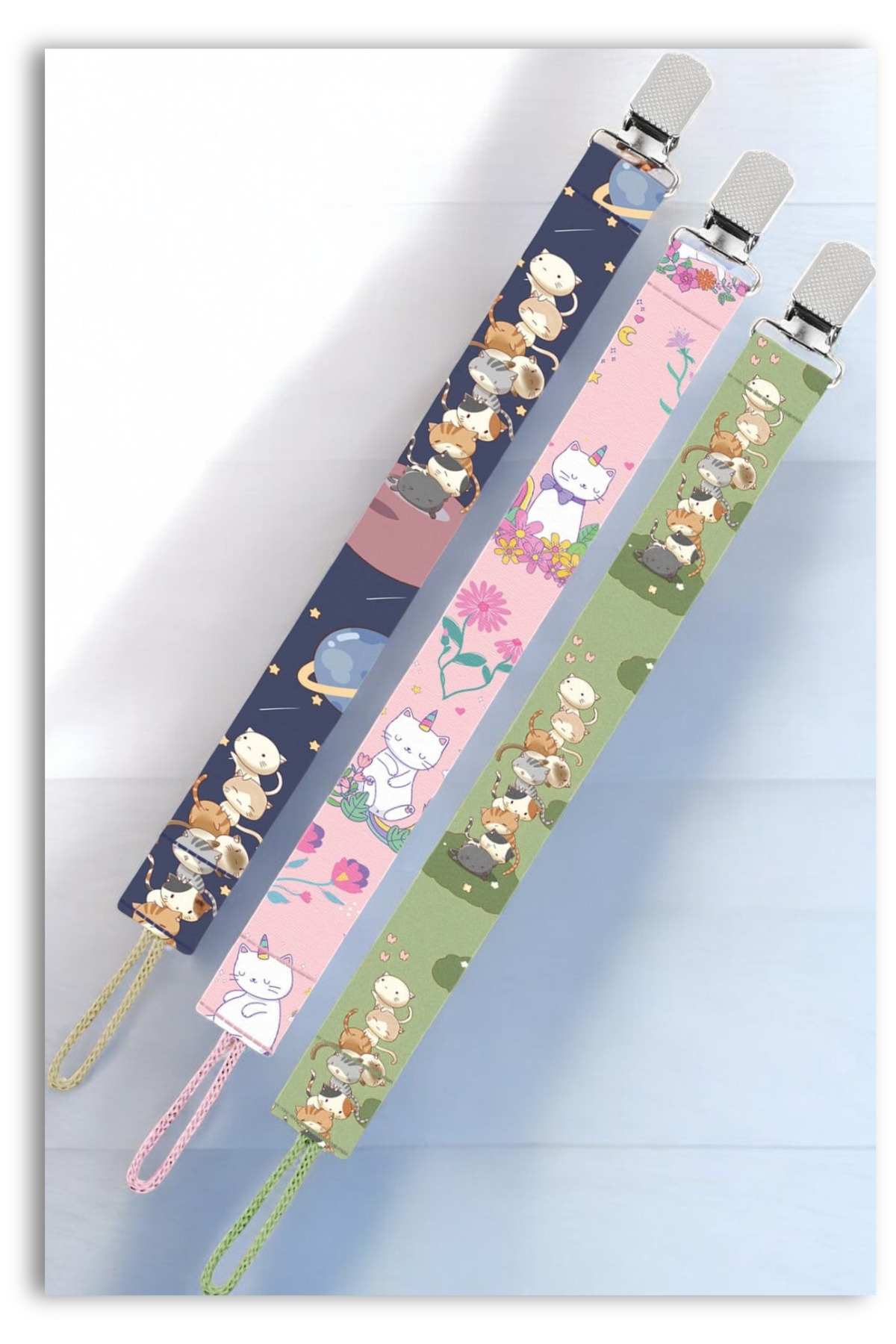 Mia Aurora Kediler ve Unicorn 3lü Set Bebek Emzik Askısı Emzik Zinciri Emzik Tutacağı Emzirme Aksesuarı EMA004