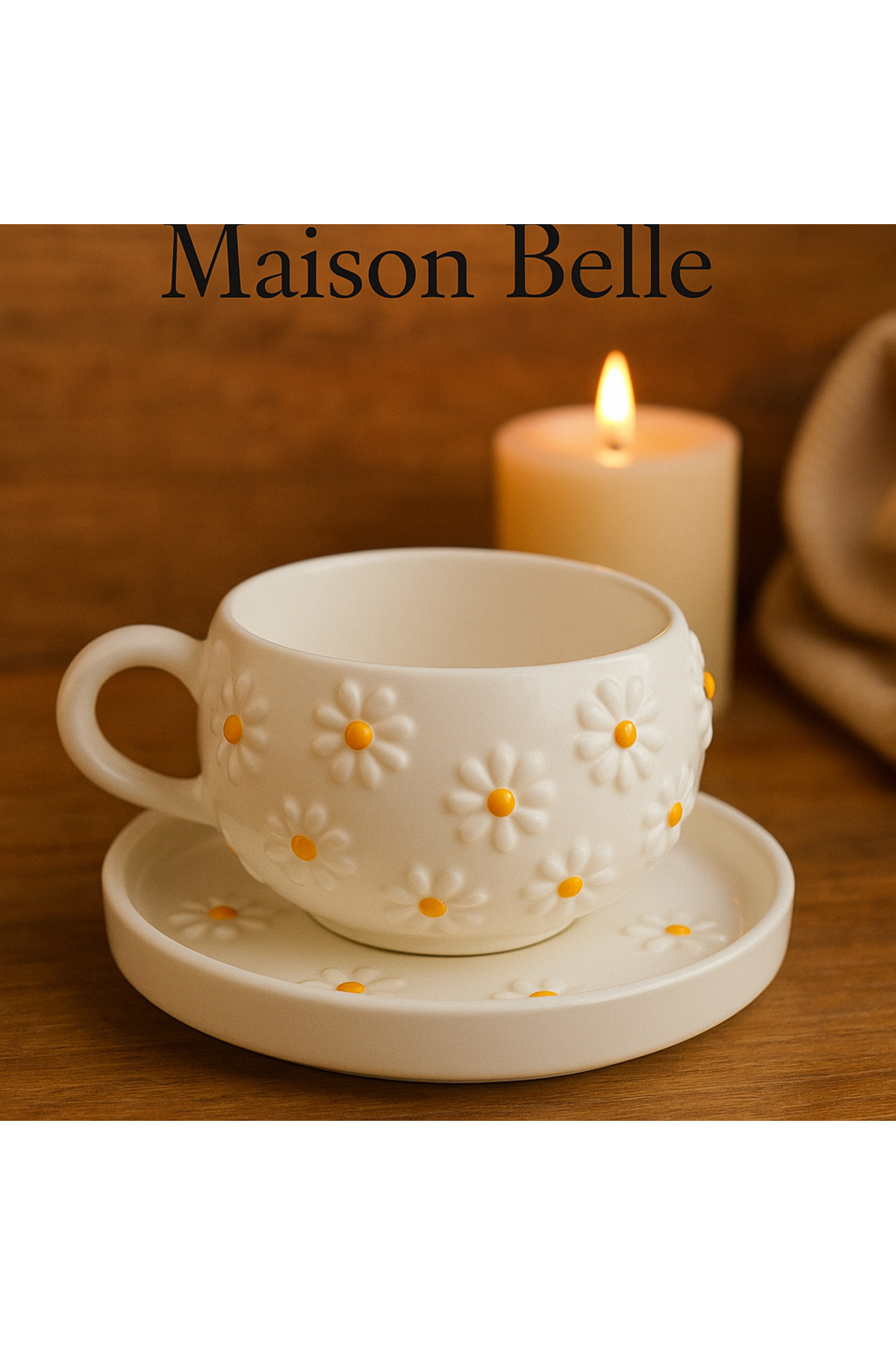 Yerel Üretici Papatya Desenli Kahve Fincan Kupa Kulplu 200 ml