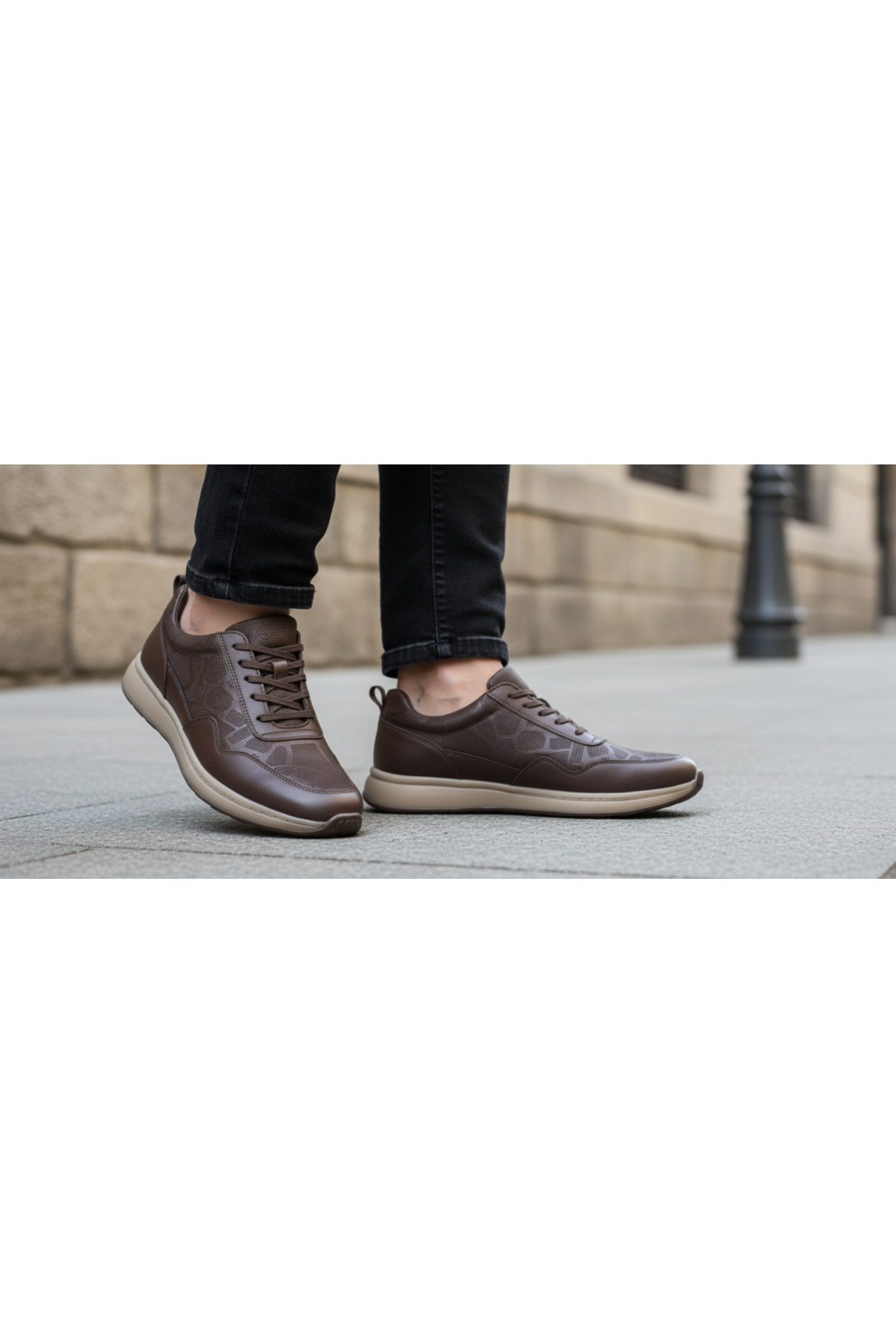 GR0444 Hakiki Deri Bej Renk EVA Taban Geometrik Desenli Sneaker Yürüyüş Ayakkabısı — قهوه‌ای — تصویر 2 از 8