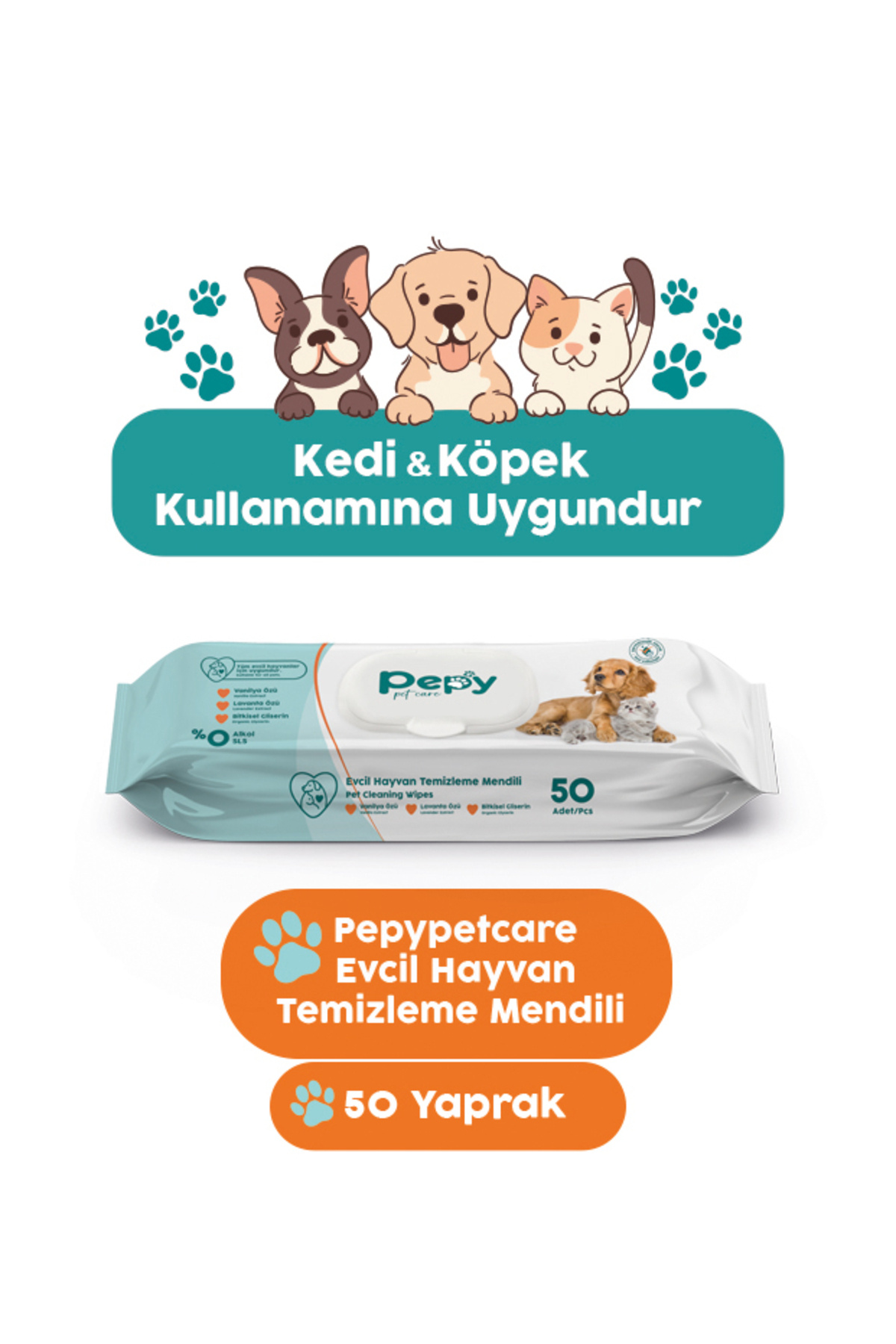 PEPY Kedi Ve Köpek Kullanımına Uygun Evcil Hayvan Temizleme Mendili 1 paket 50 Adet
