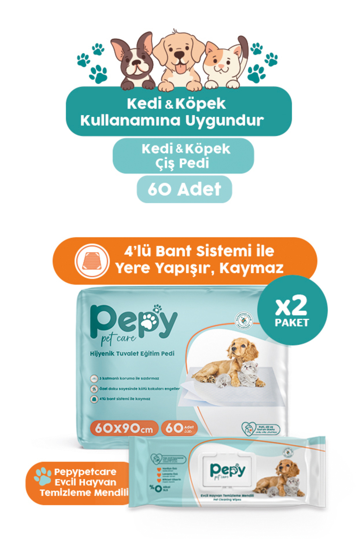 PEPY Çiş Pedi Yatak Koruyucu 60x90cm 2 paket 60 Adet + Evcil Hayvan Temizleme Mendili 2 paket 100