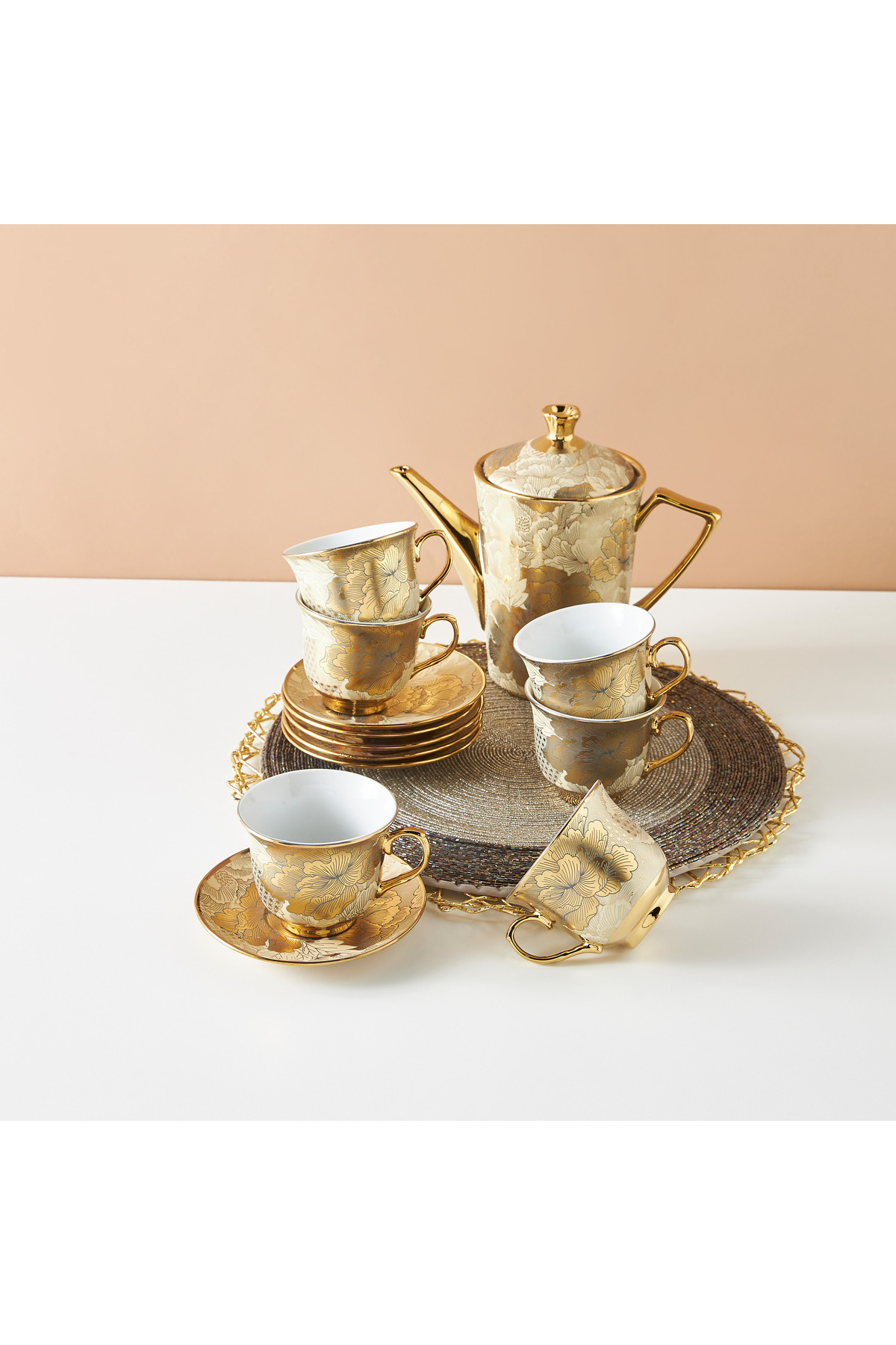Lifestyle Floral Print 13-Piece Porcelain Cup and Saucer Set with Teapot