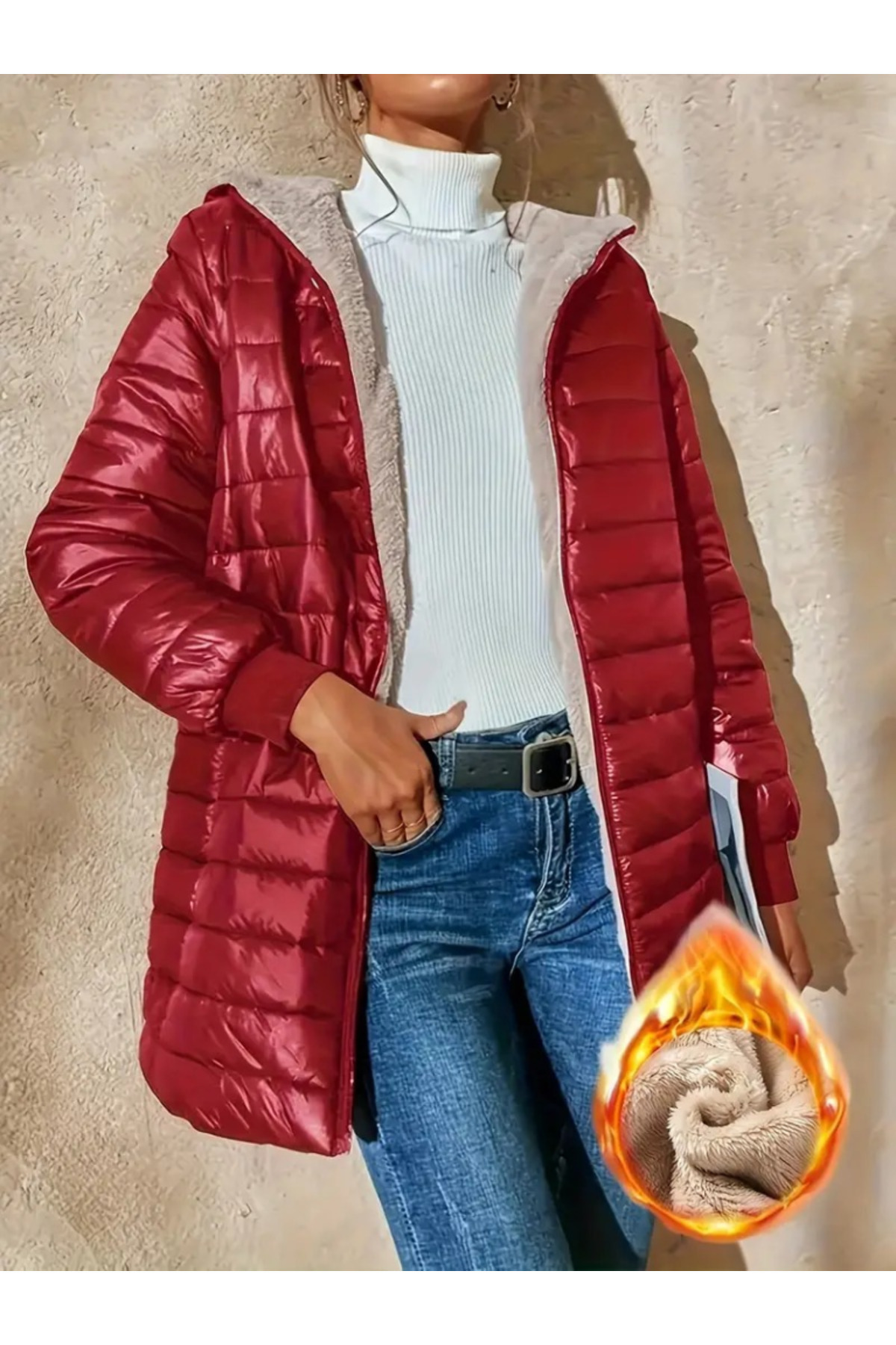 BEFAON Kadın Uzun Kollu Kapşonlu Cep Detaylı Fermuarlı Orta Boy Mont