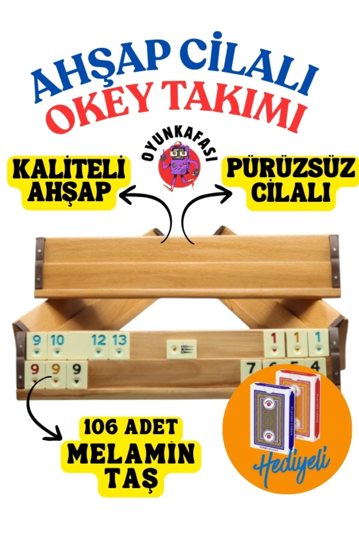 OYUNKAFASI Büyük Boy Cilalı Ahşap Okey Takımı 101 Okey, Melamin Taşlı, İskambil Hediyeli