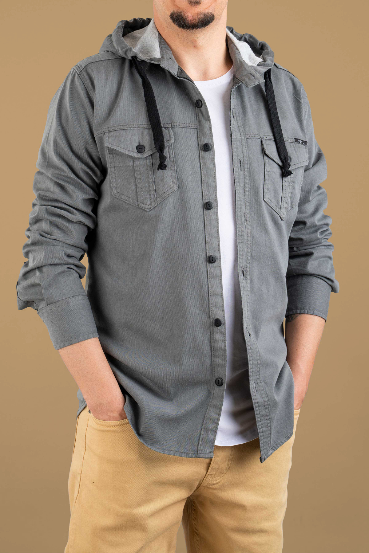 Erkek Slim Fit Kapüşonlu Kot Gömlek Gri